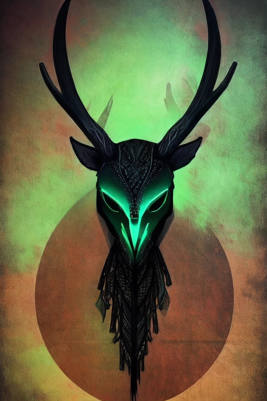 Masterpiece, highres, high Quality, BREAK humanoid creature, slim body, skinny body, skin with scales, BREAK barn owl head, deer antlers, deer paw, nigth, forest, green flames,