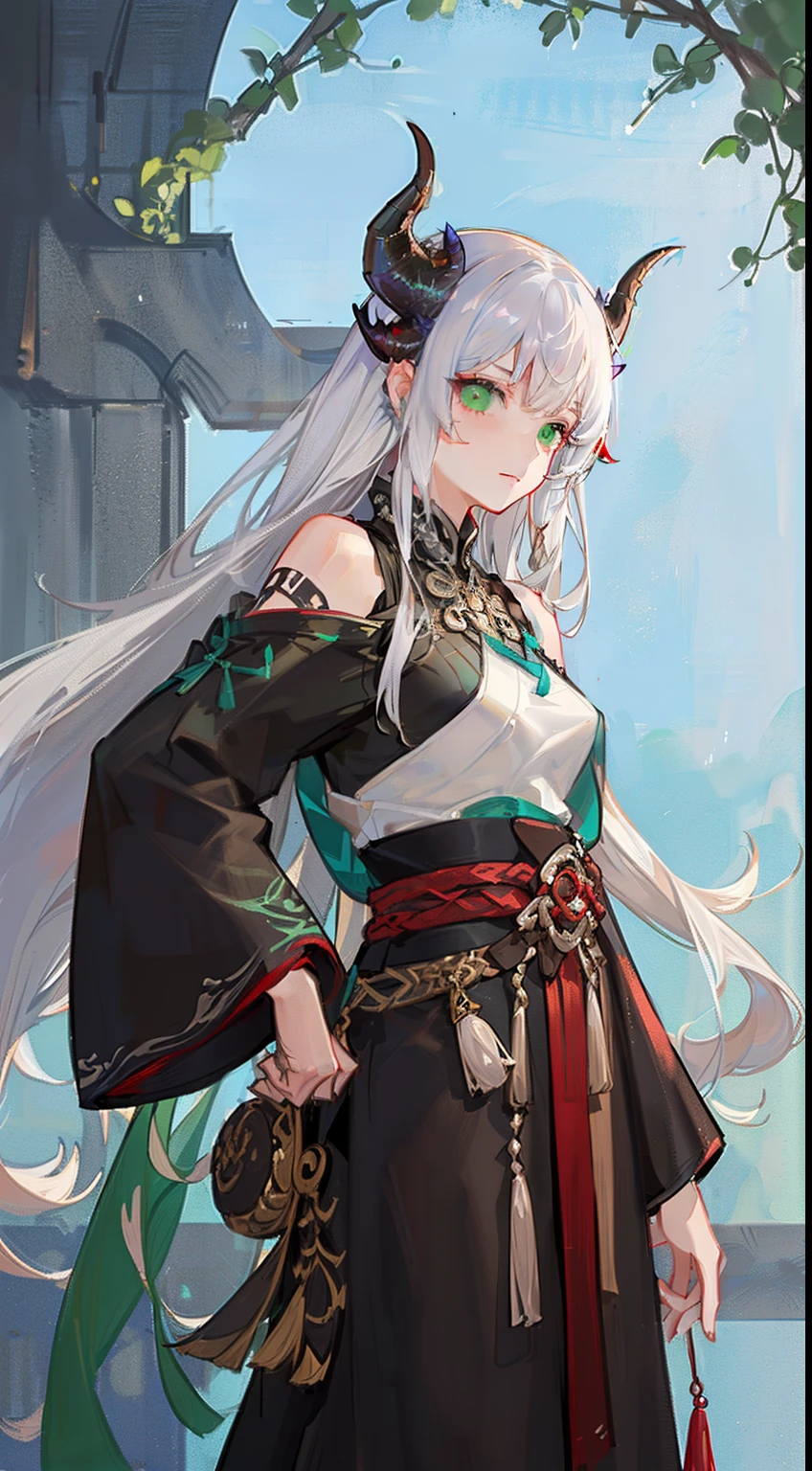 adult girl, long white hair, Working with horns, Green eyes, Dragon tattoo, cyborgs, Hanfu, masutepiece, hiquality