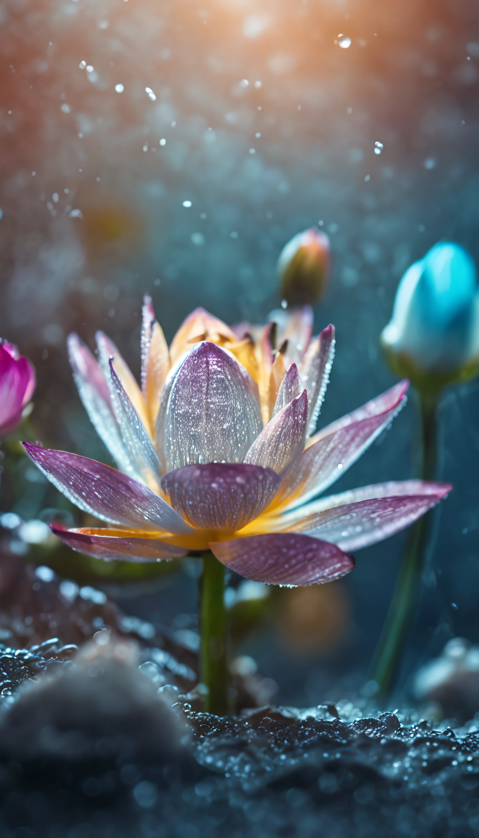 microcosm , Masterpiece , macro photography , cobweb, filmgrain, Bokeh , Smoke , Highly detailed, Sunny Sunny weather, Microflower, The drops, bblurry, 1 realistic close-up of the lotus room：1.5, Azure background, subdued contrasts, rendering by octane , illusory engine