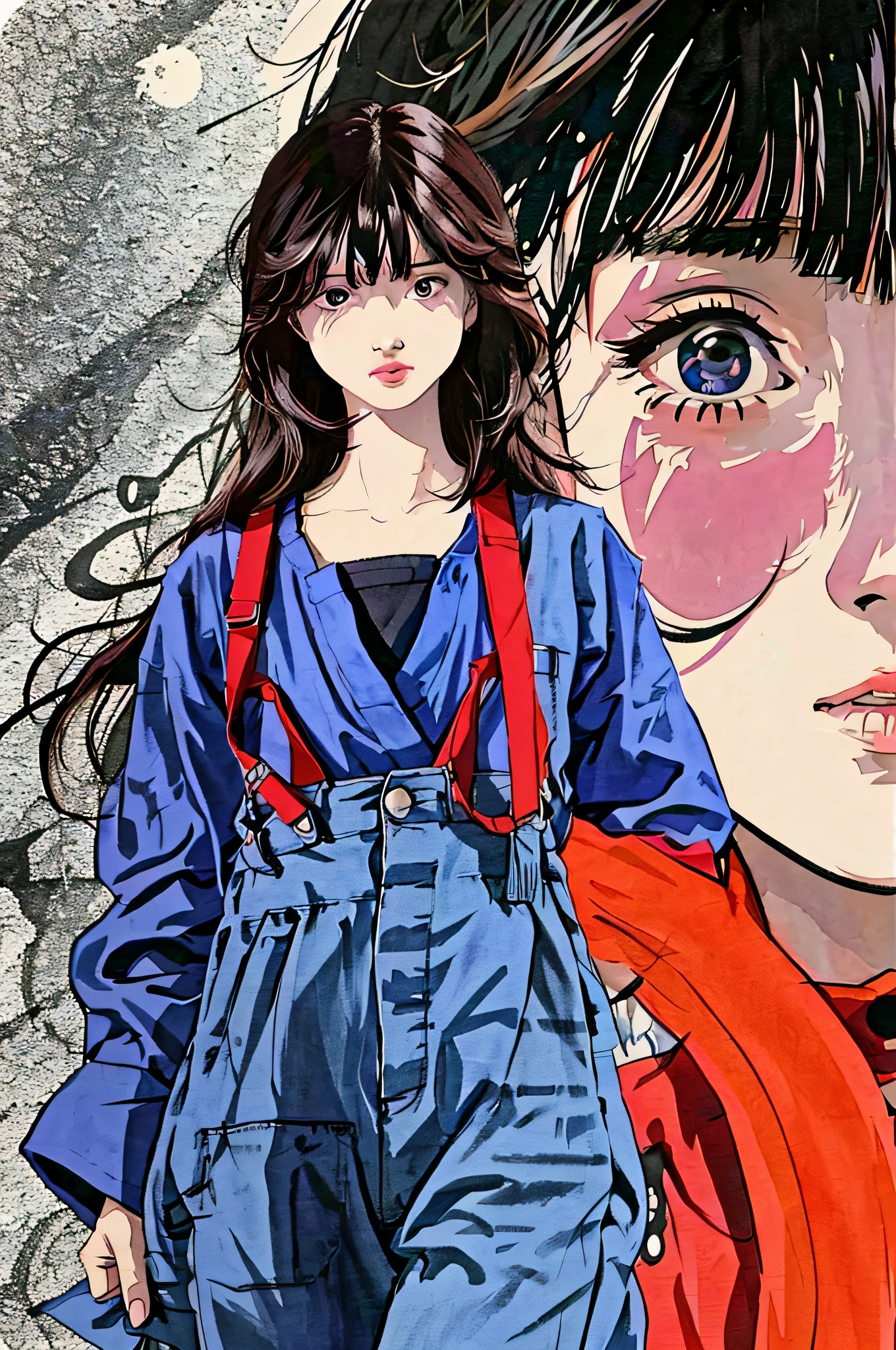 tmasterpiece, realisticlying, 超高分辨率, high high quality, rich colourful, Background of the explosion site, closeup cleavage, long hair girl,(face expressionless),(年轻),(no-makeup),brunette color hair,Shirt miniskirt,80s style,Walking forward,Look ahead,鎖骨,chaste,Picture tension ((akinanakamori))