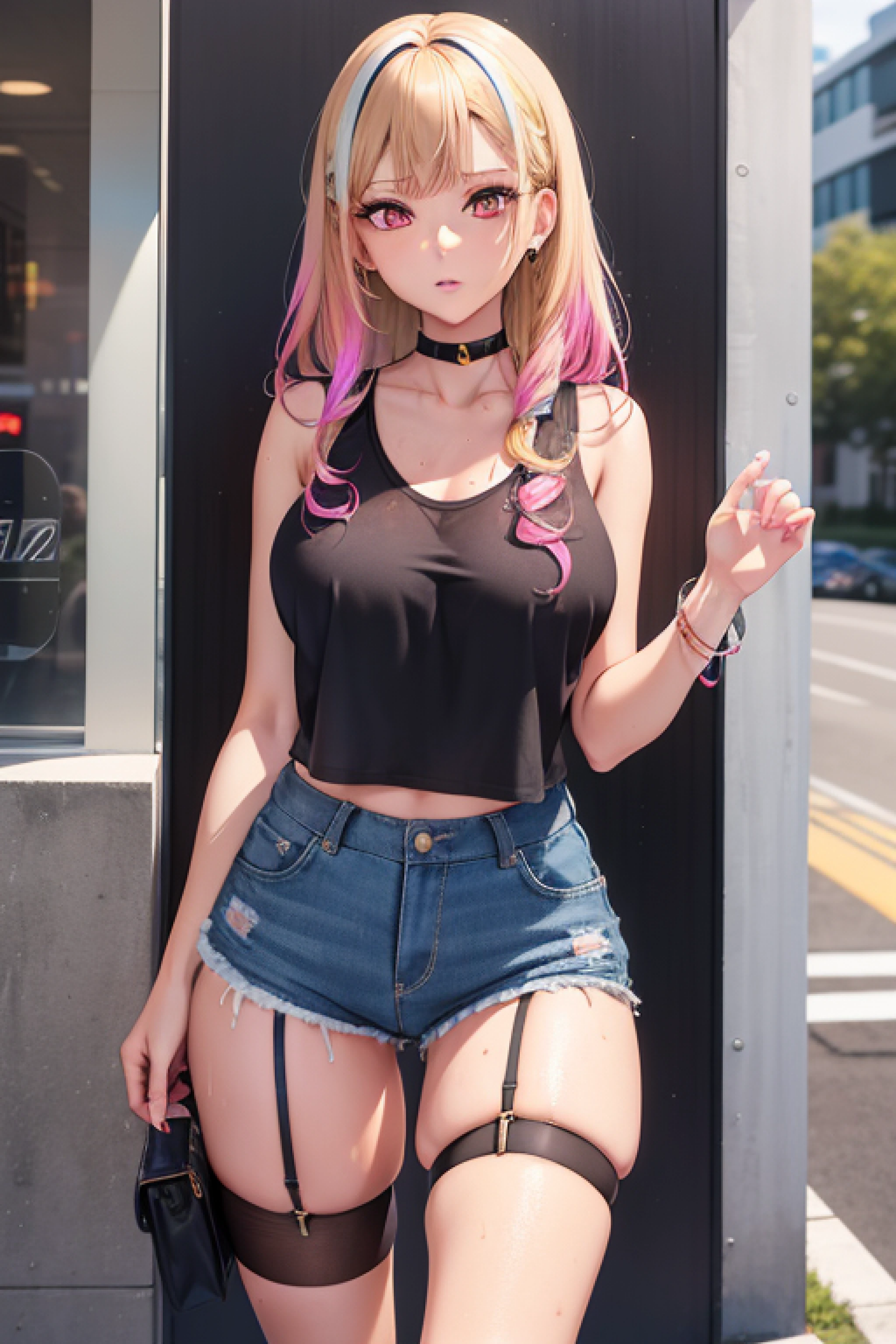 Beautiful Japanese Waifu, early 30s, pink hair, black cropped vest, very short black pants