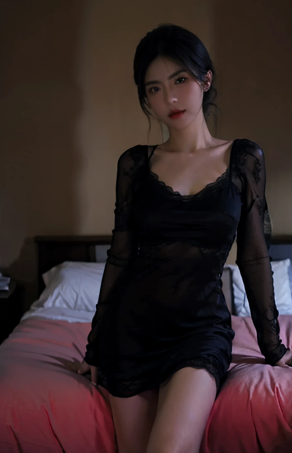 top-quality、masterpiece、超A high resolution、(Photorealsitic:1.4)、Raw photo、1girl in、((Black Lace Nightgown))、((large full breasts))、mole