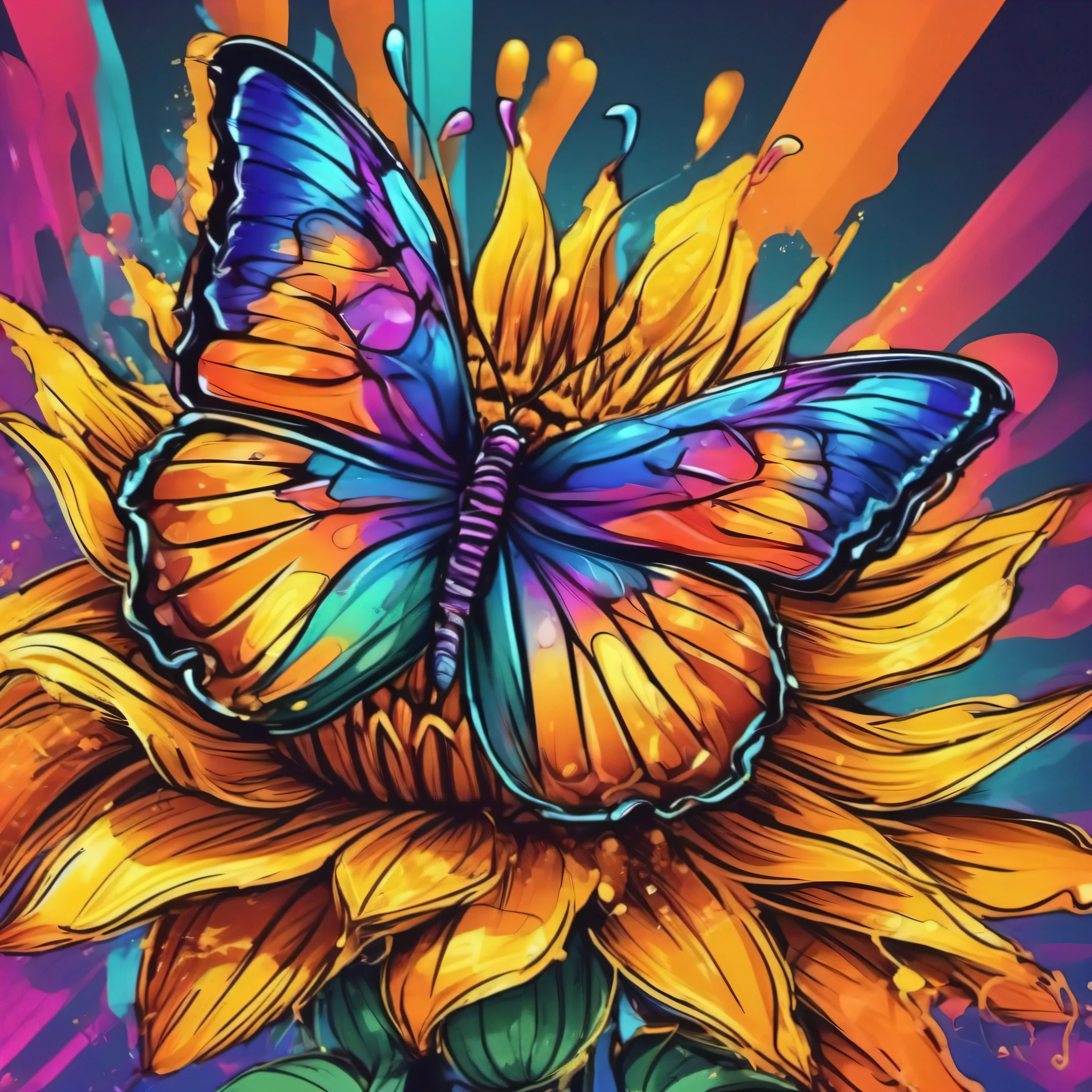 neon colors, cartoon style illustration of a Butterfly sitting on a sunflower, stoned, splash art, neon colors splashing, neon glowing smoke), best quality, wallpaper art art, UHD, center image, ((flat color) ), (cel-shading style) vibrant neon colors, ultra-saturated image ink art (10 saturation), bold lines