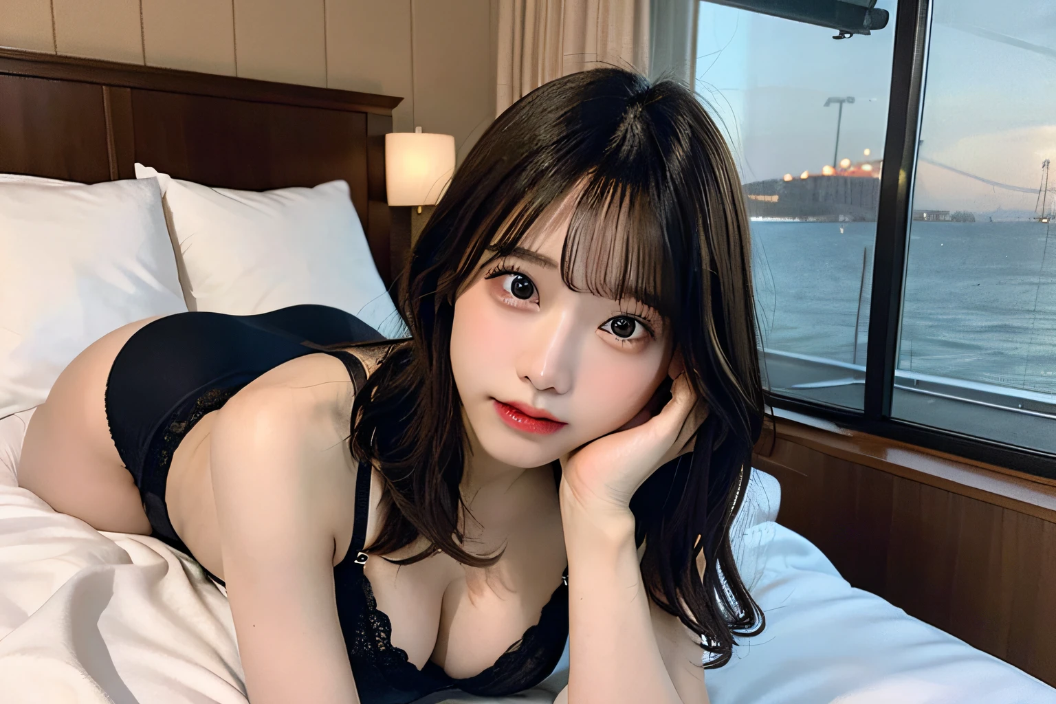8K、top-quality、​masterpiece、超A high resolution、(Photorealsitic:1.4)、Raw foto、Authentic skin texture、(film grains:1.3)、1girl in、beautiful detailed eyes and face、​masterpiece、top-quality、full body Esbian、Sexy clothes、Japanese ido、fair white skin、oblique bangs、is standing、Colossal tits、drooing eyes、[Stockings|panthyhose]、sea the background of、blured background、bra very、Valley、Lying in bed