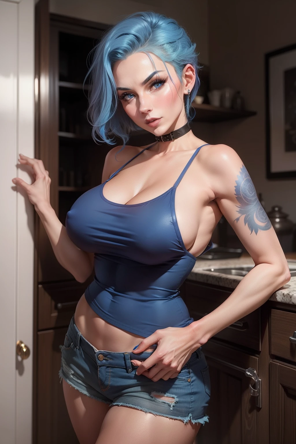 mid 40s milf, blue hair, shorts, inner sideboob, sharp features, seductress