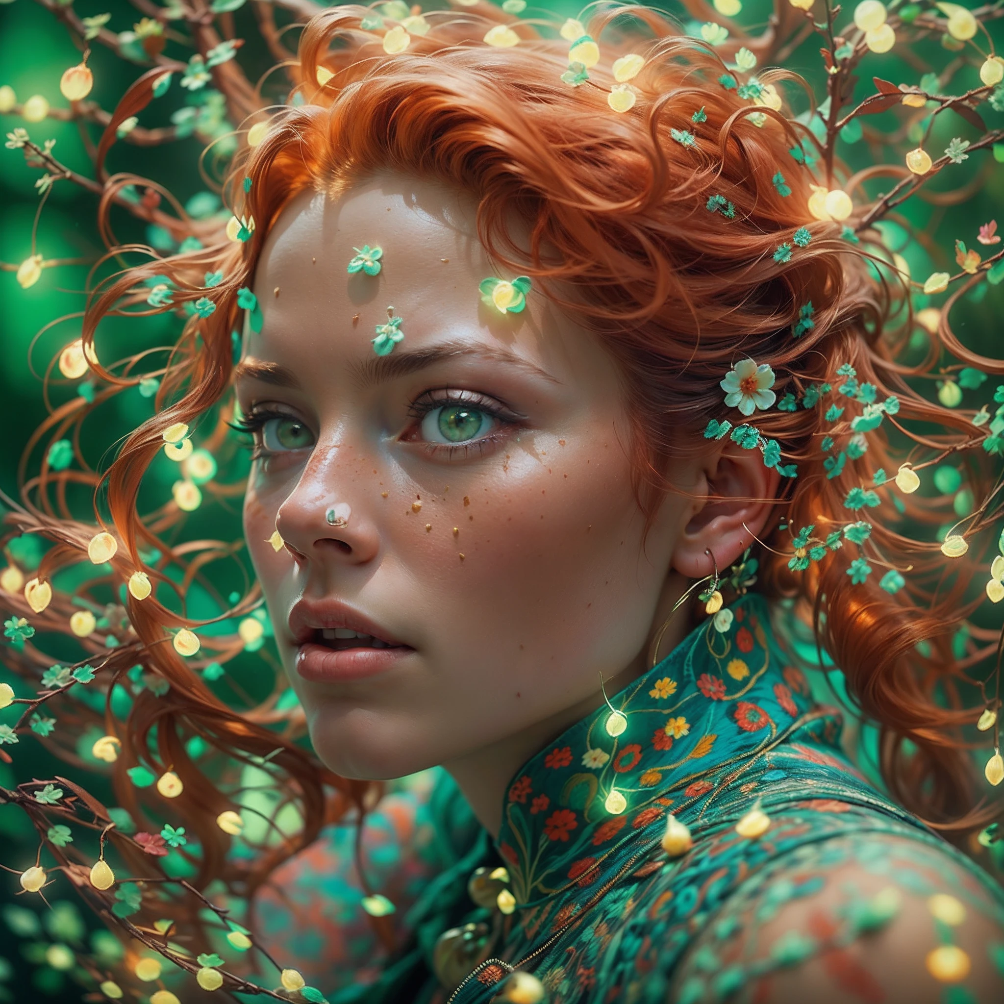 natural redhead woman, 50mm, cinematic, kodak portra 400, photograph by Martin Schoeller, Natural Light, bioluminescent elements, magical elements, hyper detailed, dynamic lights