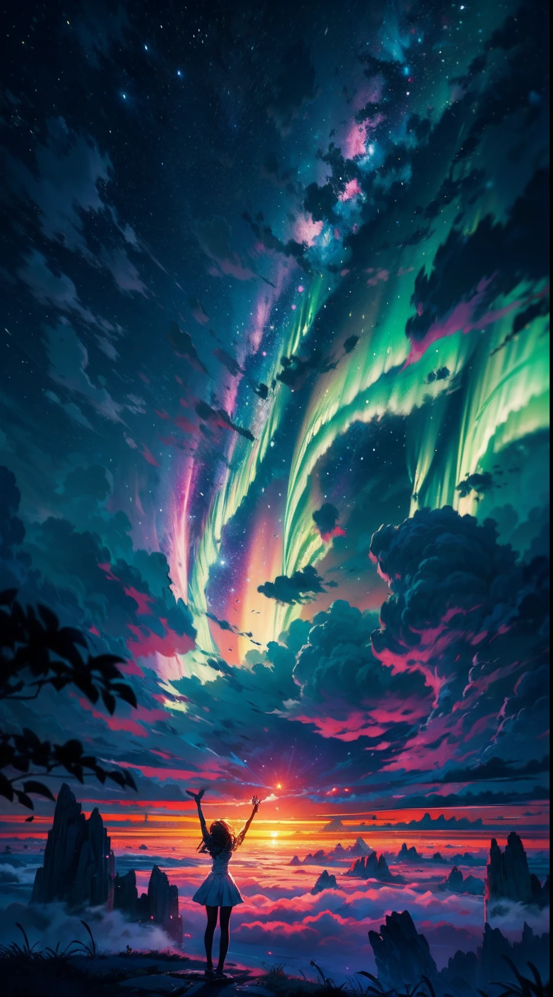 As the sun sets below the horizon, the world plunges into darkness, and above the clouds, a breathtaking panorama unfolds. The velvety night sky becomes a celestial tapestry, vibrant with the luminescent glow of countless stars. The Milky Way stretches across the heavens like a river of stardust, weaving its way through distant constellations.
BREAK
Above the billowing clouds, a lone cloud floats, providing a platform for a young girl to stand upon. Her figure, silhouetted against the cosmic backdrop, emanates a sense of quiet contemplation. Her delicate form is framed by cascades of flowing hair, gently stirred by the ethereal breeze that stirs the heavens.
BREAK
With her back turned towards the viewer, the girl gazes upward, her eyes filled with wonder and awe. Her outstretched arms hint at the possibility of her being enchanted by the celestial ballet unfolding before her. The stars twinkle and shimmer, casting a mesmerizing glow upon the clouds below.
BREAK
Above the girl, celestial phenomena illuminate the heavens. Meteor showers streak across the sky, leaving brilliant trails of light in their wake. Nebulas and galaxies, swirling in a symphony of colors, create a mesmerizing backdrop for her reverie. The aurora borealis dances with an ethereal beauty, its vibrant ribbons of light painting the night sky with a kaleidoscope of celestial hues.
BREAK
In this captivating scene, the girl on the cloud becomes a conduit between the terrestrial and the celestial.