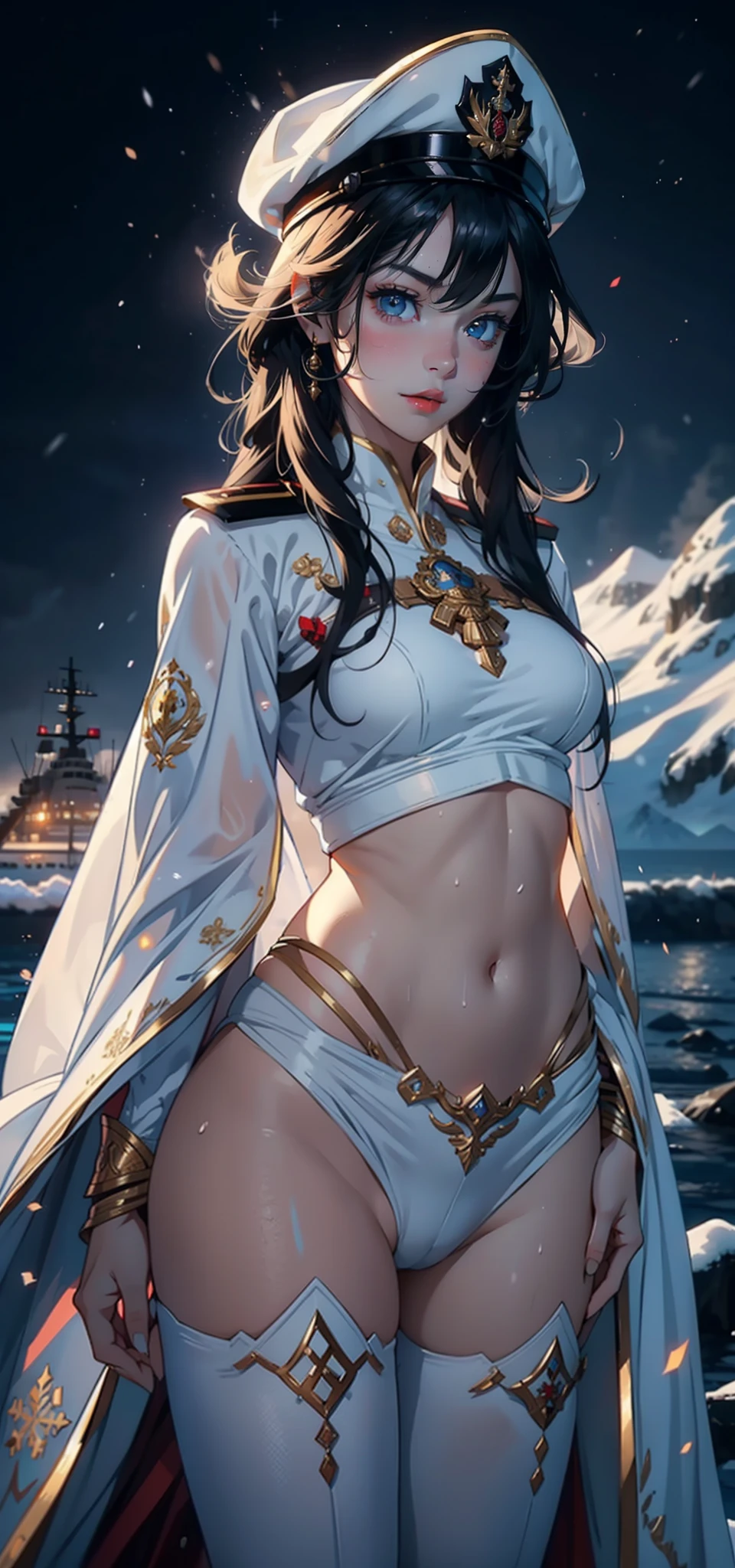 1womanl,,bit girl,Small loli,smalluboob,Big breasts Thin waist,long leges,Raised sexy,Pornographic exposure, 独奏,Beauty contests,standing on your feet(Background with:the sea,snow mountains,warships,at winter season,Blizzarding,Big snowflakes)On warships, with his long black hair,Long hair flutters in the wind,dynamicposes,Sweat profusely,drenched all over the body,seen from the front, hair straight, mostly cloudy sky,(((tmasterpiece),(Very detailed CG unity 8K wallpaper),best qualtiy,cinmatic lighting,detailed back ground,beatiful detailed eyes,Bright pupils,(Very fine and beautiful),(Beautiful and detailed eye description),Blue eyes,Redlip,ultra - detailed,tmasterpiece,)),facing at camera,(The upper part of the body),A high resolution,ultra - detailed),revealing breasts,Bare genitalia, Bulge,legs are open,sexyposture,Camel toes,Flushed complexion,Open-mouthed,frontage,Tsarist Russian officer,Officer's cap,elementary student(Wearing:White cloak,down jacket,White winter officer uniform,Sexy leggings,Armour,Gold wire embroidery,Snowflake decoration)