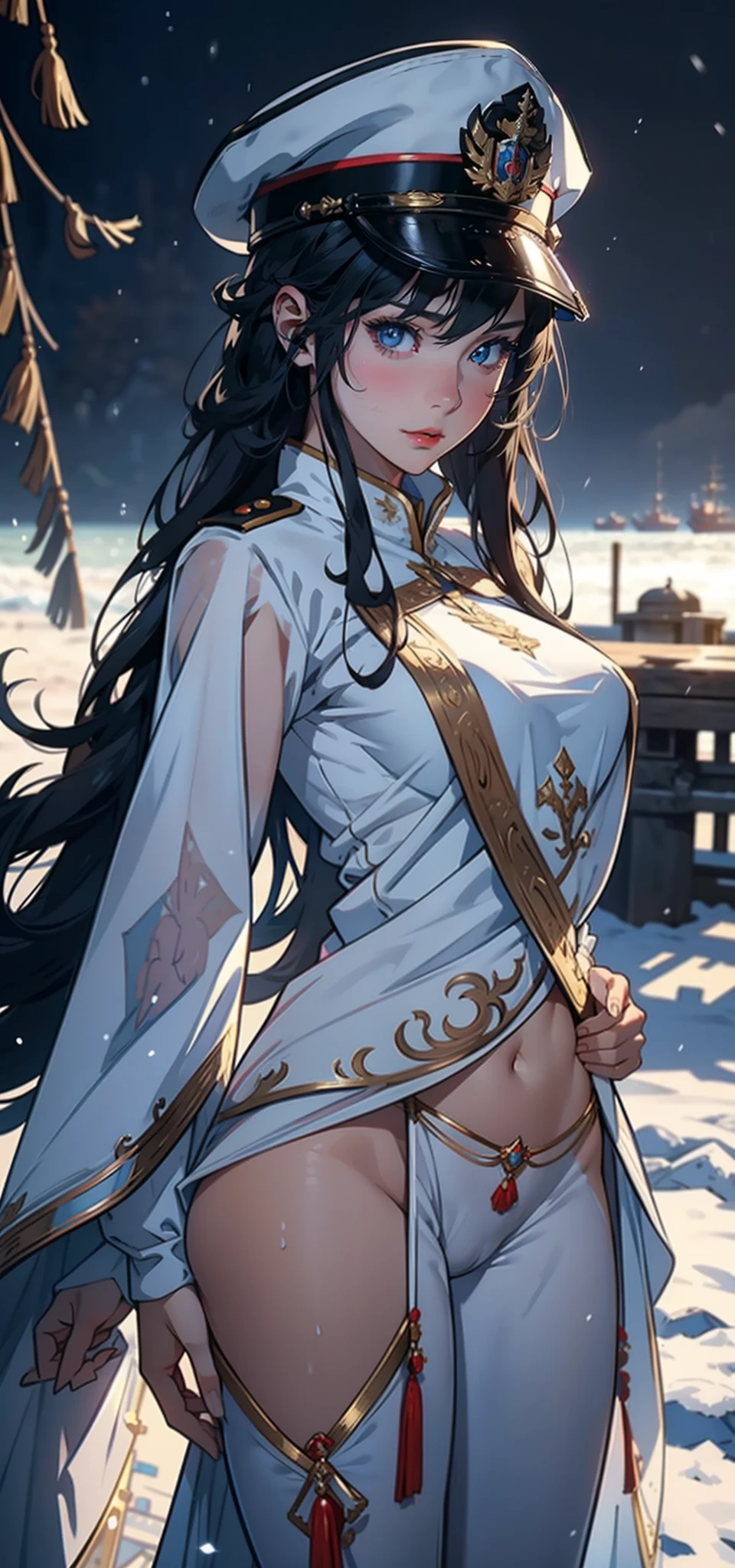 1womanl,,bit girl,Small loli,smalluboob,Big breasts Thin waist,long leges,Raised sexy,Pornographic exposure, 独奏,Beauty contests,standing on your feet(Background with:the sea,snow mountains,warships,at winter season,Blizzarding,Big snowflakes)On warships, with his long black hair,Long hair flutters in the wind,dynamicposes,Sweat profusely,drenched all over the body,seen from the front, hair straight, mostly cloudy sky,(((tmasterpiece),(Very detailed CG unity 8K wallpaper),best qualtiy,cinmatic lighting,detailed back ground,beatiful detailed eyes,Bright pupils,(Very fine and beautiful),(Beautiful and detailed eye description),Blue eyes,Redlip,ultra - detailed,tmasterpiece,)),facing at camera,(The upper part of the body),A high resolution,ultra - detailed),revealing breasts,Bare genitalia, Bulge,legs are open,sexyposture,Camel toes,Flushed complexion,Open-mouthed,frontage,Tsarist Russian officer,Officer's cap,elementary student(Wearing:White cloak,down jacket,White winter officer uniform,Sexy leggings,Armour,Gold wire embroidery,Snowflake decoration)