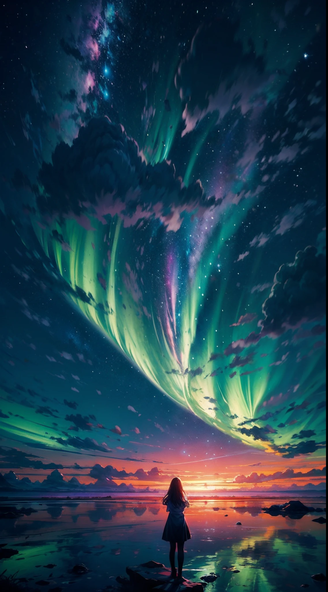 As the sun sets below the horizon, the world plunges into darkness, and above the clouds, a breathtaking panorama unfolds. The velvety night sky becomes a celestial tapestry, vibrant with the luminescent glow of countless stars. The Milky Way stretches across the heavens like a river of stardust, weaving its way through distant constellations.
BREAK
Above the billowing clouds, a lone cloud floats, providing a platform for a young girl to stand upon. Her figure, silhouetted against the cosmic backdrop, emanates a sense of quiet contemplation. Her delicate form is framed by cascades of flowing hair, gently stirred by the ethereal breeze that stirs the heavens.
BREAK
With her back turned towards the viewer, the girl gazes upward, her eyes filled with wonder and awe. Her outstretched arms hint at the possibility of her being enchanted by the celestial ballet unfolding before her. The stars twinkle and shimmer, casting a mesmerizing glow upon the clouds below.
BREAK
Above the girl, celestial phenomena illuminate the heavens. Meteor showers streak across the sky, leaving brilliant trails of light in their wake. Nebulas and galaxies, swirling in a symphony of colors, create a mesmerizing backdrop for her reverie. The aurora borealis dances with an ethereal beauty, its vibrant ribbons of light painting the night sky with a kaleidoscope of celestial hues.
BREAK
In this captivating scene, the girl on the cloud becomes a conduit between the terrestrial and the celestial.