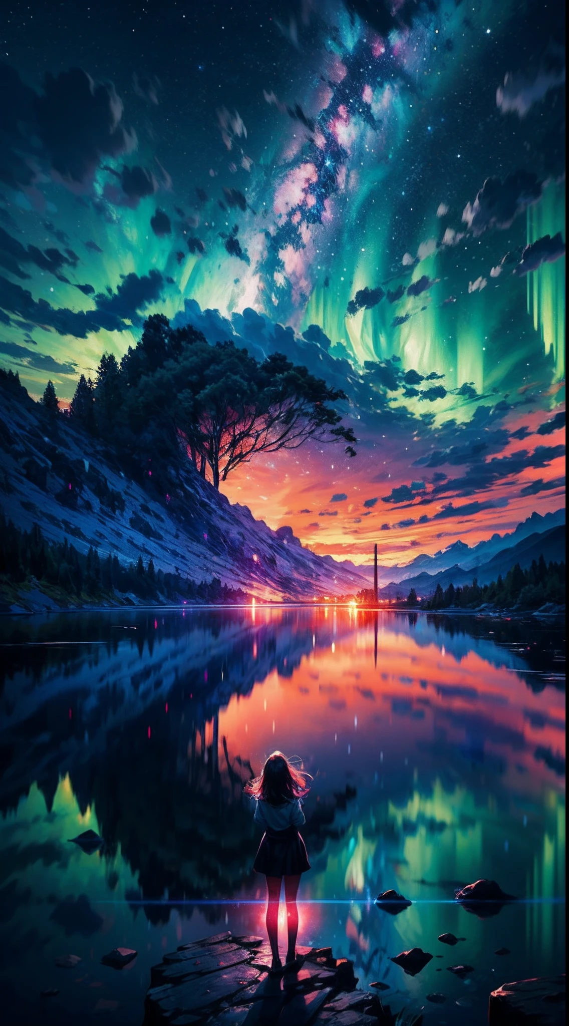 As the sun sets below the horizon, the world plunges into darkness, and above the clouds, a breathtaking panorama unfolds. The velvety night sky becomes a celestial tapestry, vibrant with the luminescent glow of countless stars. The Milky Way stretches across the heavens like a river of stardust, weaving its way through distant constellations. 
BREAK 
Above the billowing clouds, a lone cloud floats, providing a platform for a young girl to stand upon. Her figure, silhouetted against the cosmic backdrop, emanates a sense of quiet contemplation. Her delicate form is framed by cascades of flowing hair, gently stirred by the ethereal breeze that stirs the heavens. 
BREAK 
With her back turned towards the viewer, the girl gazes upward, her eyes filled with wonder and awe. Her outstretched arms hint at the possibility of her being enchanted by the celestial ballet unfolding before her. The stars twinkle and shimmer, casting a mesmerizing glow upon the clouds below. 
BREAK 
Above the girl, celestial phenomena illuminate the heavens. Meteor showers streak across the sky, leaving brilliant trails of light in their wake. Nebulas and galaxies, swirling in a symphony of colors, create a mesmerizing backdrop for her reverie. The aurora borealis dances with an ethereal beauty, its vibrant ribbons of light painting the night sky with a kaleidoscope of celestial hues.
BREAK 
In this captivating scene, the girl on the cloud becomes a conduit between the terrestrial and the celestial.