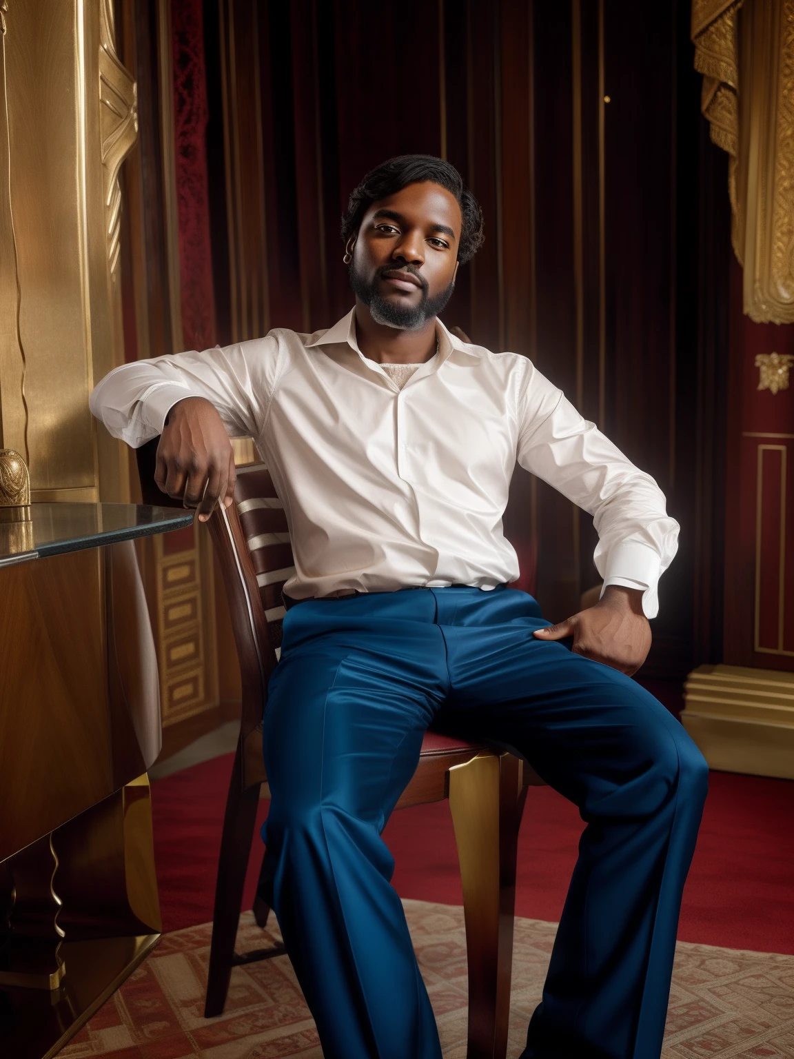 "Portrait of man seated on an elegant chair in regal attire against a majestic backdrop."