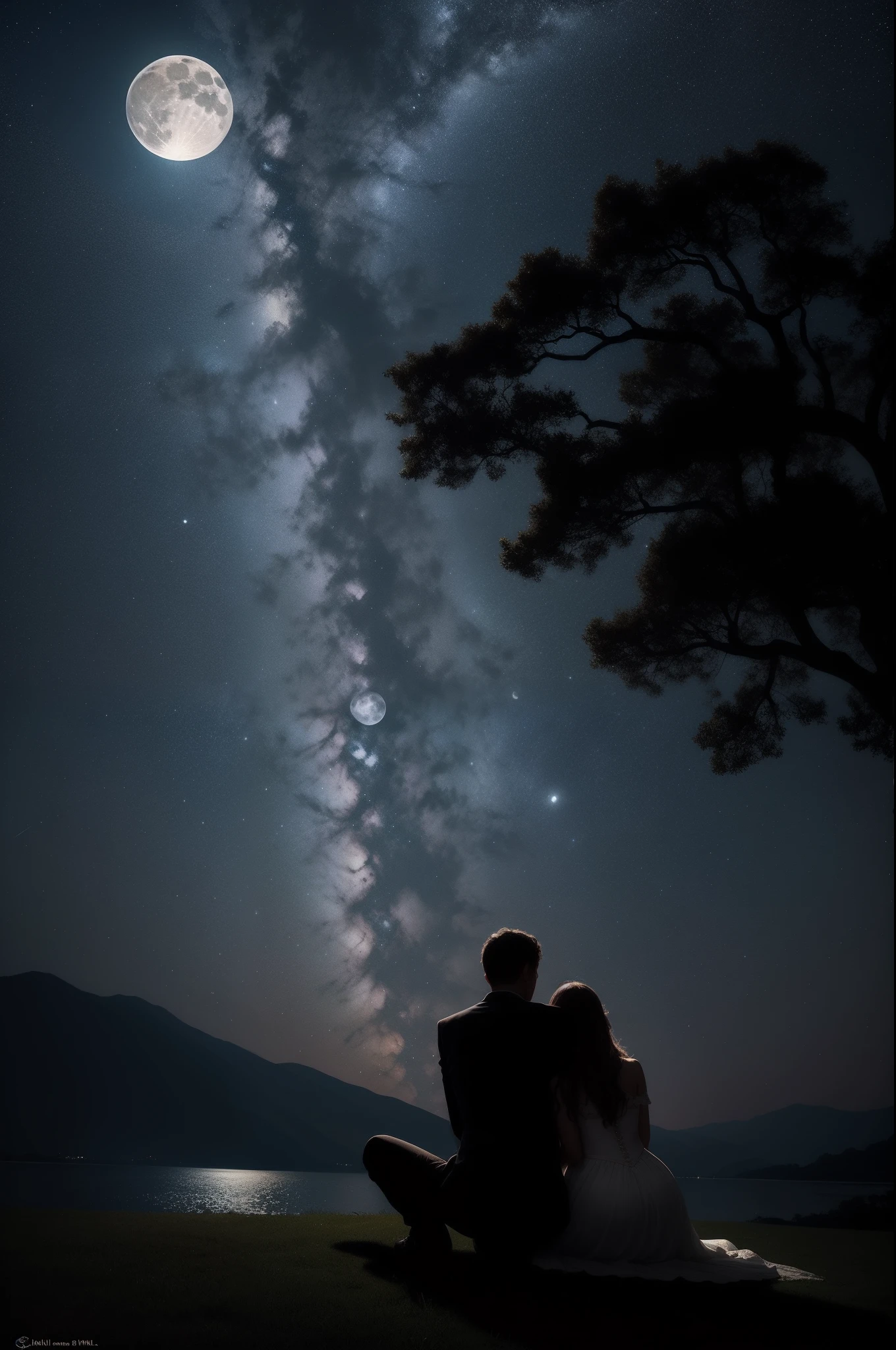 Couple in love under the moonlight under a tree. tem que ter uma lua grande. estrelas. estar durante a noite e escuro. personagens pequenos. lua grande em cima