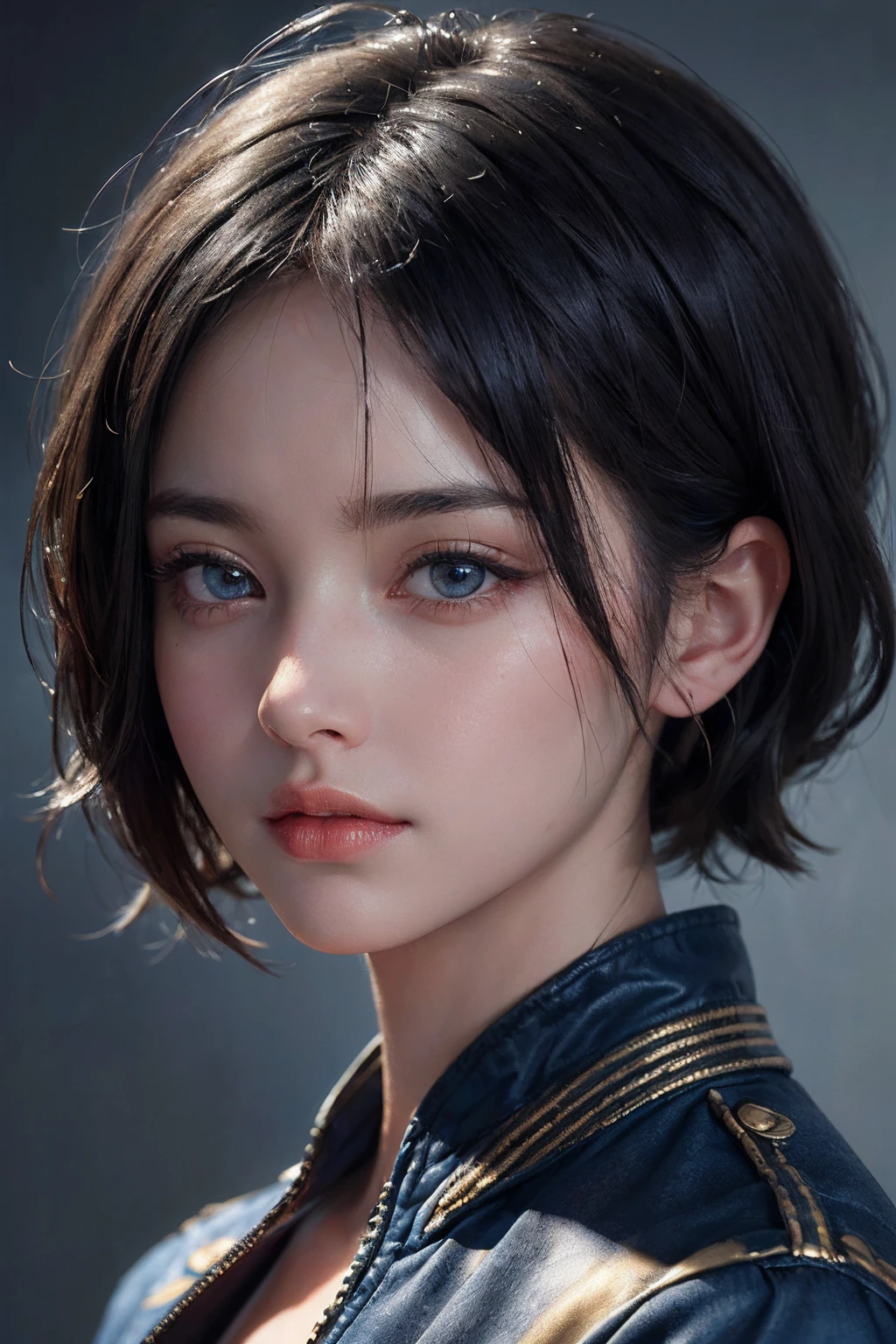 (masterpiece:1.3), (8k, photorealistic, RAW photo, best quality: 1.4), (1girl), beautiful face, (realistic face), (black hair, short hair:1.3), beautiful hairstyle, realistic eyes, beautiful detailed eyes, (realistic skin), beautiful skin, (blue jacket), absurdres, attractive, ultra high res, ultra realistic, highly detailed, golden ratio
