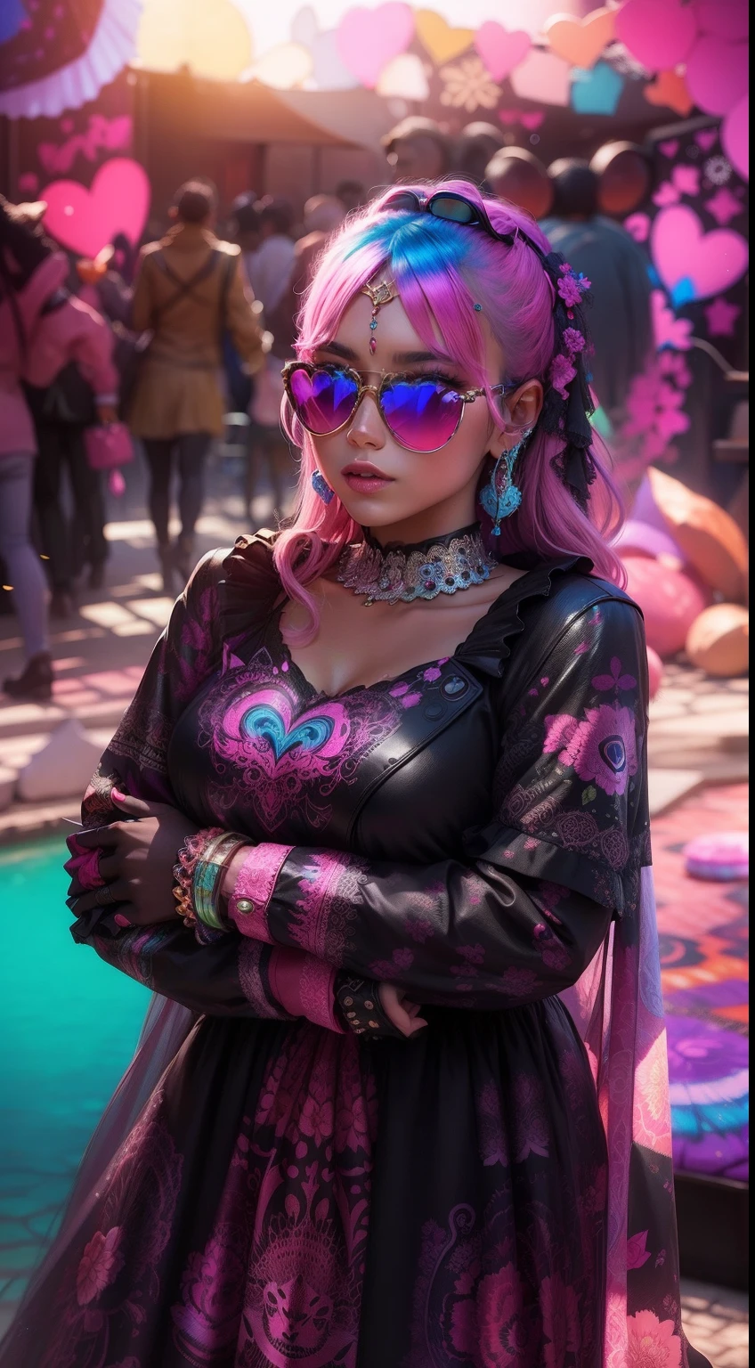 Masterpiece, top quality, highestdetailed, psychedelic kitten design, wearing colorfil and bright pink heart sunglasses, lighly delailed rich in color, excellent details, Effective portrayal