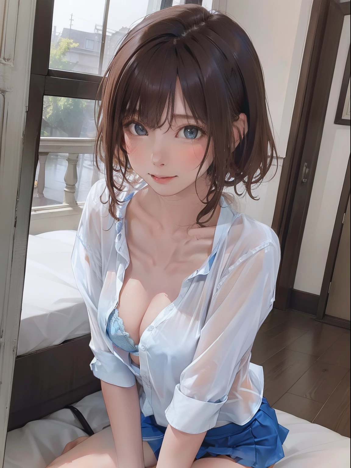 (masterpiece), (best quality), (ultra detailed), 1girl, sexy pose, blush, ((open casual shirt:1.2)), happy, looking at viewer, large hair, brown hair, in the night room with trees,bed, shy ,sitting on ground, ((solo)) ,worry, blush, naughty,from below,slim body,(shiny skin, wet skin:0.8), sweating, rainy,side, from front, from above,long wet hear, ((show off blue panties)), ((show off blue bra)), ((skirt)),