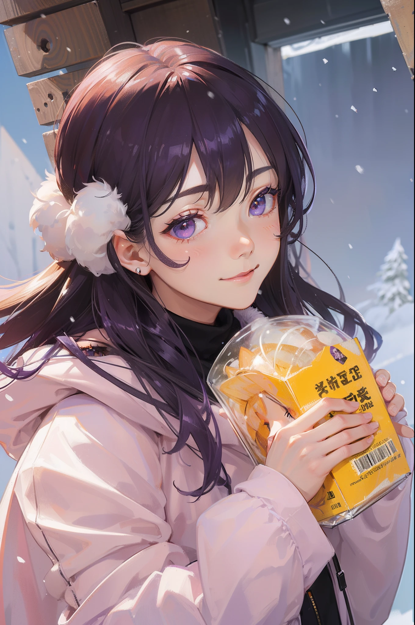 masterpiece, best quality, beautiful detailed hair detailed face, perfect feminine face, big almond-shape eyes, smile, happy, a beautiful and cute girl with purple hair, winter jacket, fur, fur hoodie, snowing, (close-up potrait:1.2), sharp focus, volumetric lighting