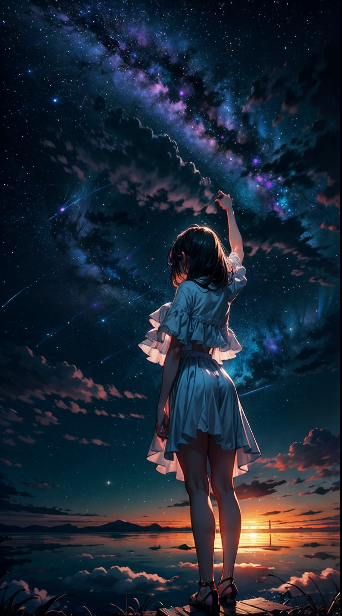 As the sun sets below the horizon, the world plunges into darkness, and above the clouds, a breathtaking panorama unfolds. The velvety night sky becomes a celestial tapestry, vibrant with the luminescent glow of countless stars. The Milky Way stretches across the heavens like a river of stardust, weaving its way through distant constellations.
BREAK
Above the billowing clouds, a lone cloud floats, providing a platform for a young girl to stand upon. Her figure, silhouetted against the cosmic backdrop, emanates a sense of quiet contemplation. Her delicate form is framed by cascades of flowing hair, gently stirred by the ethereal breeze that stirs the heavens.
BREAK
With her back turned towards the viewer, the girl gazes upward, her eyes filled with wonder and awe. Her outstretched arms hint at the possibility of her being enchanted by the celestial ballet unfolding before her. The stars twinkle and shimmer, casting a mesmerizing glow upon the clouds below.
BREAK
Above the girl, celestial phenomena illuminate the heavens. Meteor showers streak across the sky, leaving brilliant trails of light in their wake. Nebulas and galaxies, swirling in a symphony of colors, create a mesmerizing backdrop for her reverie. The aurora borealis dances with an ethereal beauty, its vibrant ribbons of light painting the night sky with a kaleidoscope of celestial hues.
BREAK
In this captivating scene, the girl on the cloud becomes a conduit between the terrestrial and the celestial.