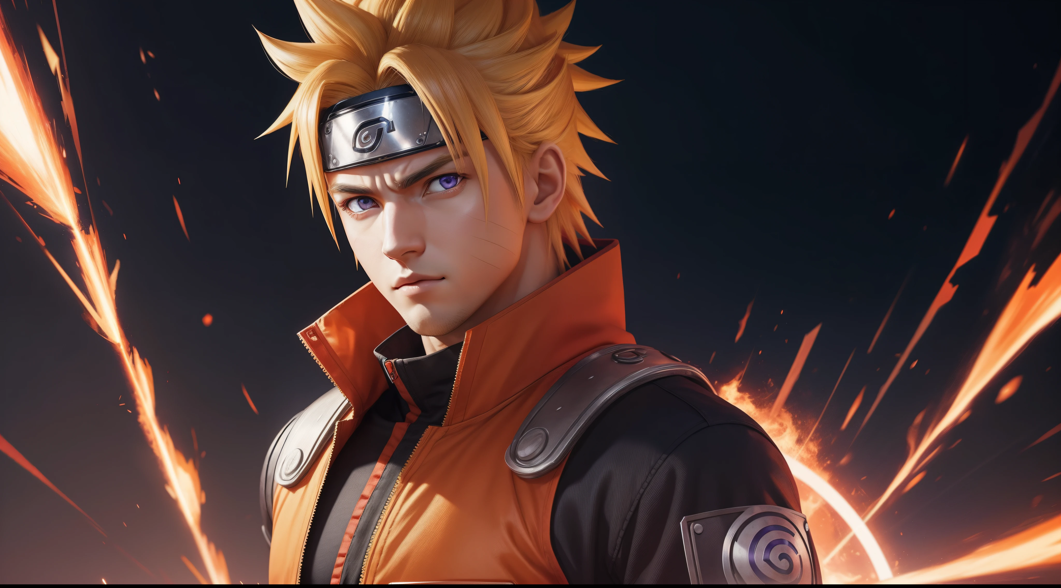 Perfect avatar, masterpiece, extremely accurate rendering, cool handsome Naruto, looking at the viewer, blonde, looking at the viewer, solo, trustworthy, savior of the world, simple design , best picture, 8K, light red eyes, original orange clothing style according to the characters in the story, reflecting red and purple sparks on the chest.