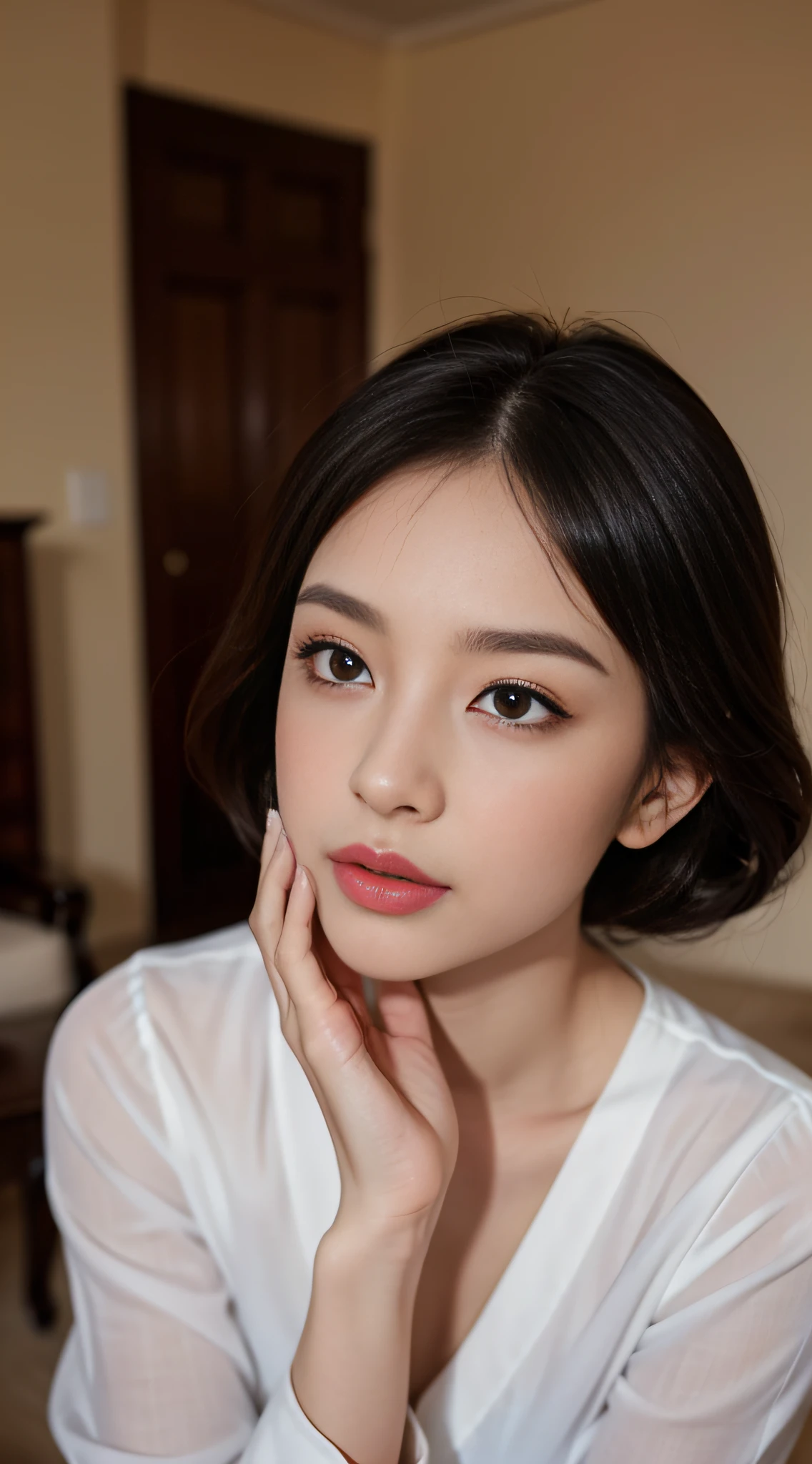 (8K、top-quality、tmasterpiece:1.2)，(intricately details:1.4)、(Photorealsitic:1.4)、octane renderings、Complex 3D Rendering Ultra Detail，（realisticlying：1.2），（18yo girl，The face is very beautiful：0.2），JK tie shirt，（Ruffle skirt），（COS health uniform），（the golden ratio），（perfect bodies：1.21），（A full-body photo：1.25），（（（（（（（Stand upright，A person stands alone indoors））））））），（（（（（（（Stand upright，A person stands alone indoors））））））），Stand upright，A person stands alone indoors，Show off beautiful slender legs，Unique and delicate fingers，（Heavy makeup：1.2），Stiletto heels，The style color is arbitrary，（（（（（（（（（Exquisite makeup，putting makeup on，Exquisite makeup，putting makeup on，Exquisite makeup，putting makeup on））））））））），Beautiful face，Raised sexy，Super white skin，Gentle and charming，French living room， lipsticks,Sexy lips，Optimal proportions of four fingers and one thumb，（（High chest，Breasts and breasts together）），Style your hair however you want，The colors and shapes of the clothes are casual，16k，（1 18-year-old mature female：1.7），Keep one's mouth shut，Keep one's mouth shut，closing the mouth，（Mouth closed：0.8），Delicate makeup ，delicated face，Delicate makeup ，delicated face，Exquisite makeup，putting makeup on，Exquisite makeup，putting makeup on，Exquisite makeup，，Exquisite makeup，