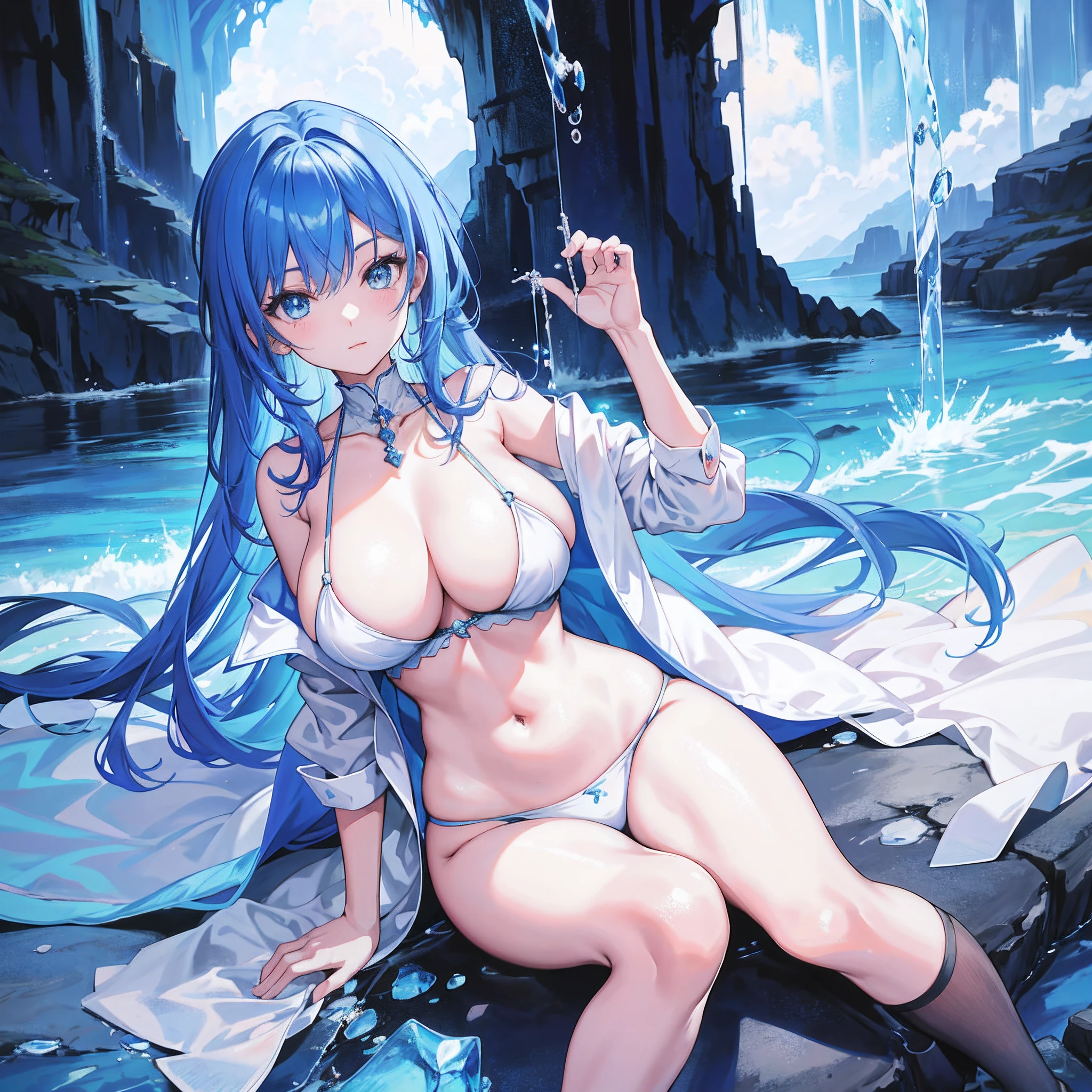 Anime girl with blue hair sitting on rock in water, wallpaper anime blue water, seductive anime girls, [ 4 K digital art ]!!, blue scales covering her chest, tensei shitara slime datta ken, beautiful and seductive anime woman, Best Rated on pixiv, style of anime4 K, anime big breast! 4 k'', anime big breast! 4K