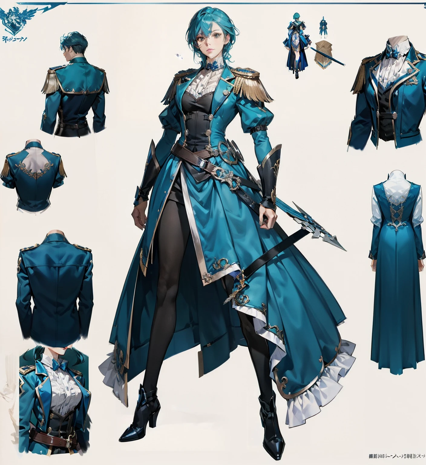 Anime characters in blue coats, full body concept, detailed full-body concept, concept character, full body concept art, full body character concept, detailed full body concept art, concept art character, concept art style, character concept, 2D concept art, new costume concept design, character design concept, full body action concept art, valkyrie style character