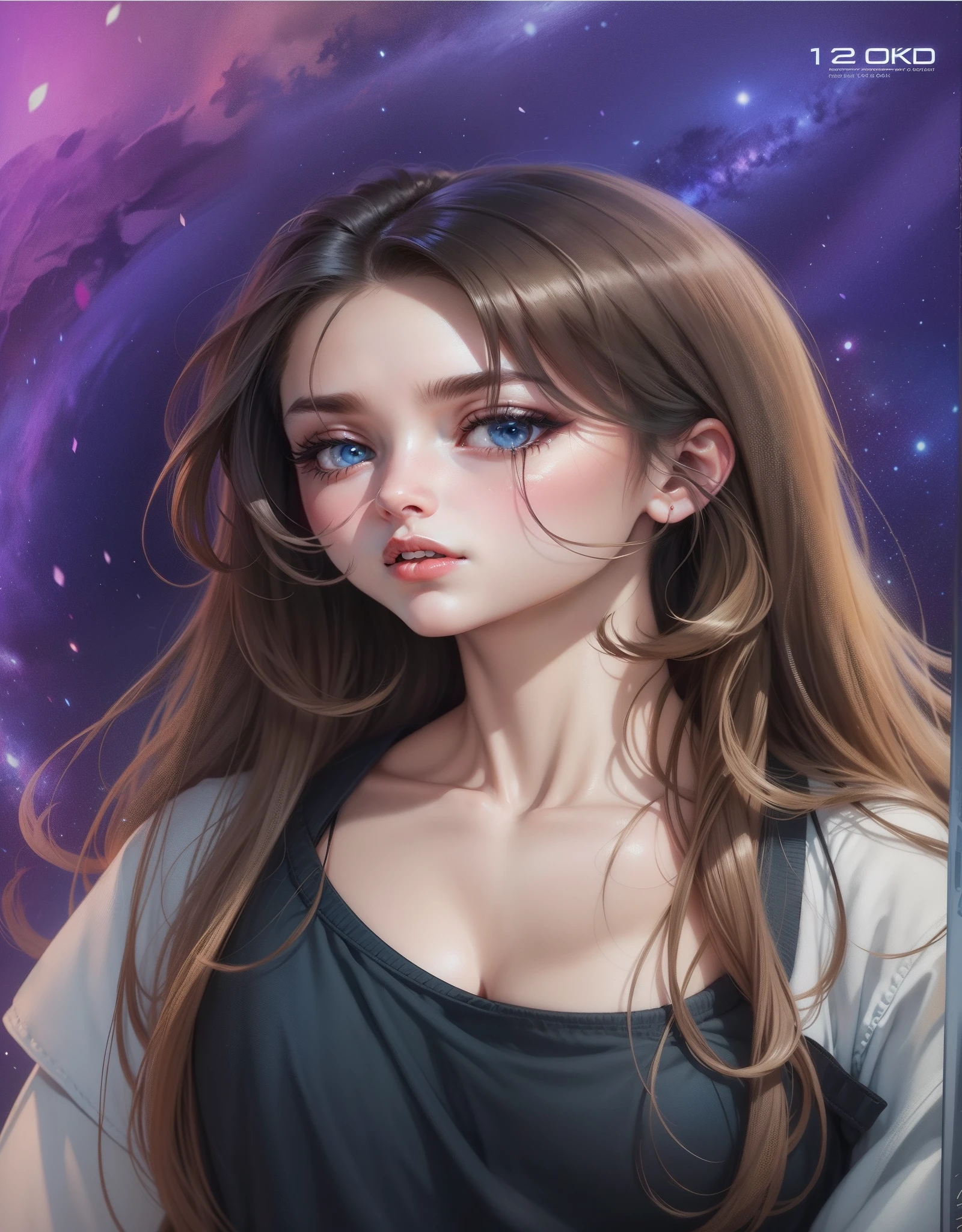 colorful forest, Sky with Stars,Glitter, a man and a Woman,faces, woman brown hair, man black Hair both green eyes