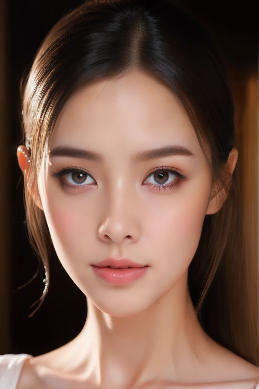 professional portrait of Ayu Putri, a 22-year-old Indonesian woman with a unique blend of Japanese and Indonesian features. Her face is characterized by a smooth, fair complexion, often described as the dream skin of many Asian girls. Ayu's flawless, porcelain skin has a radiant glow, capturing the essence of Japanese beauty standards. Her almond-shaped eyes are slightly upturned and framed by long, thick eyelashes, accentuating her expressive gaze. She has naturally arched eyebrows, a delicate, slightly pointed nose, and full, rosy lips that form a warm, inviting smile. Her silky black hair is straight and neatly styled to perfectly frame her face.