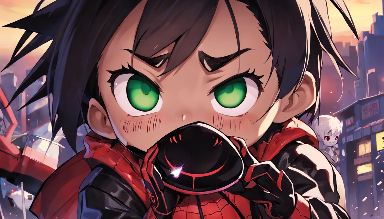 Miles Morales com mascara, Chibi, Olhando para o Viewer, fundo circulo branco, chamas