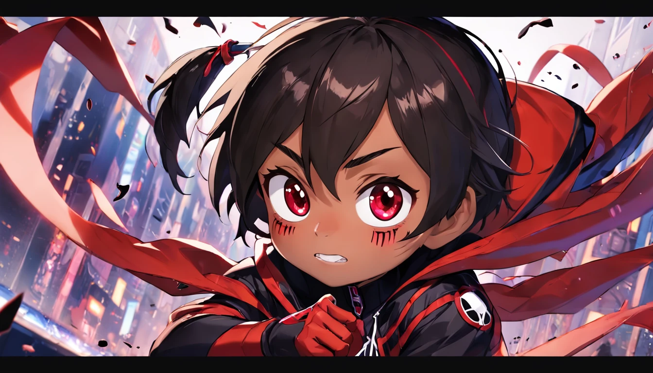 Miles Morales com mascara, Chibi, Olhando para o Viewer, fundo circulo branco, chamas