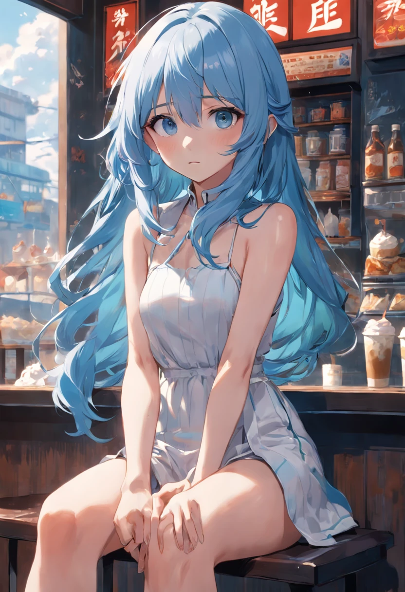 A full body picture of Urubida with blue hair and white highlights, having a drink in a coffee shop