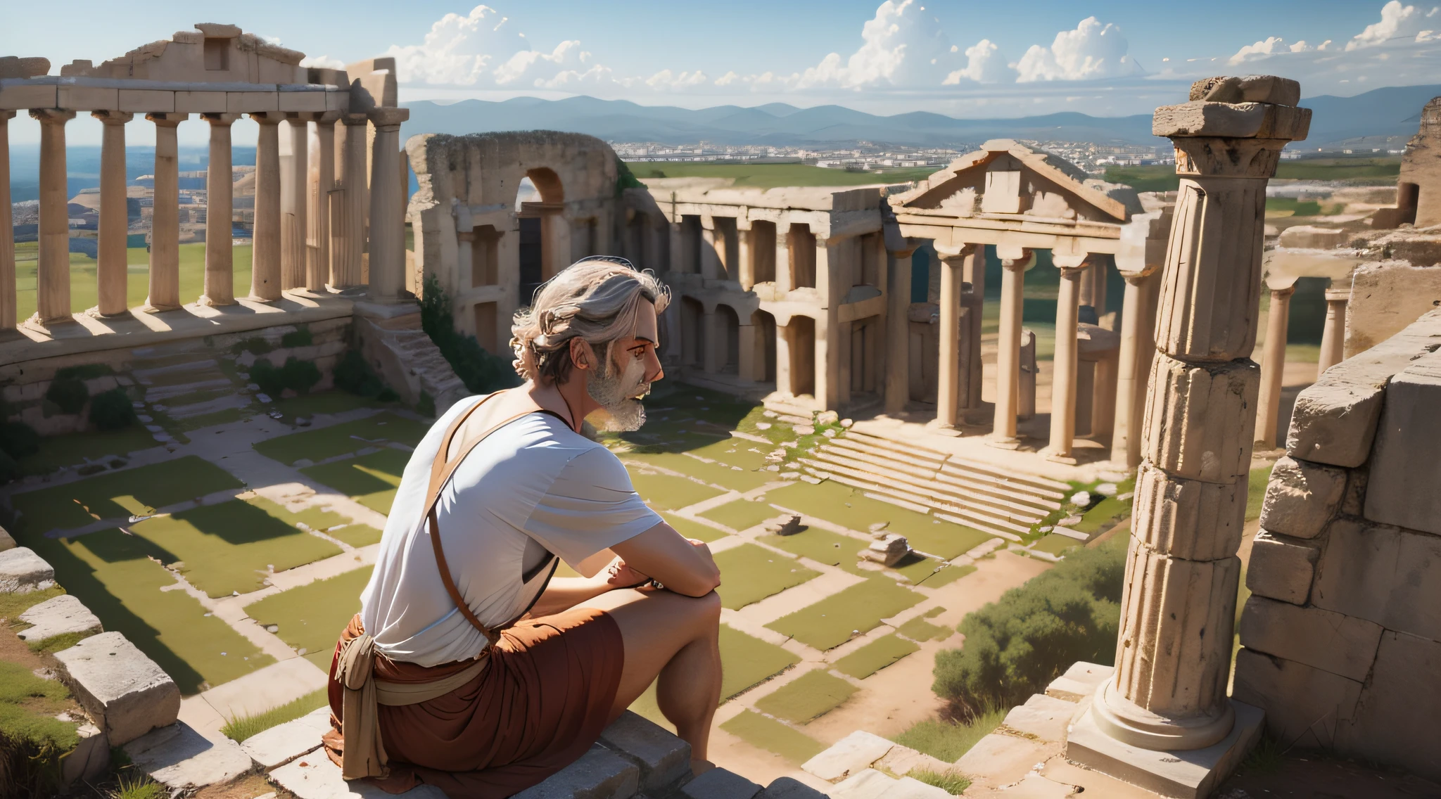 ancient philosopher man seated, ancient Greece, at an ancient city, in ancient city ruins, ruins in the background, ancient ruins in the background, in front of a ruined city