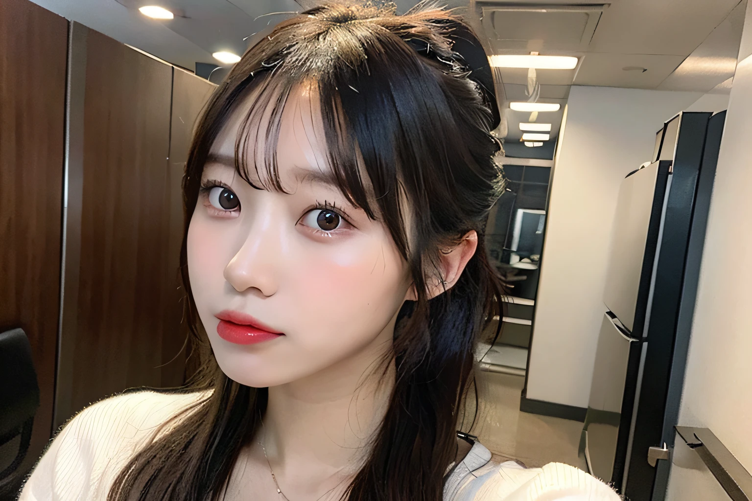 8k, highest quality, masterpiece, Ultra-high resolution, (Realistic: 1.4), Raw photo, Realistic skin texture, (Film Grain: 1.3), One girl, Beautiful and detailed eyes and face, masterpiece, highest quality, Big Tits Japanese Idol, Fair skin, Natural blur background, close, Selfie, big, Front view, Ponytail hairstyle,