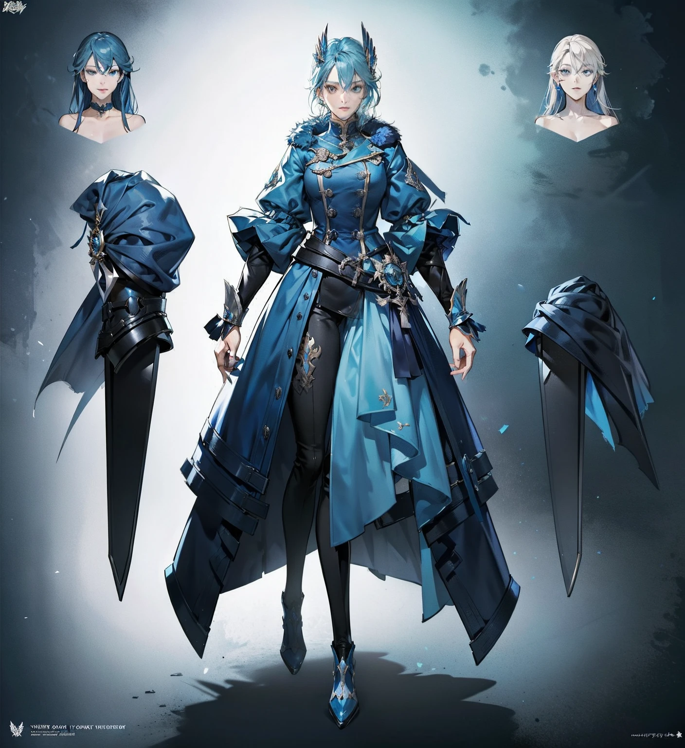 Anime characters in blue coats, full body concept, detailed full-body concept, concept character, full body concept art, full body character concept, detailed full body concept art, concept art character, concept art style, character concept, 2D concept art, new costume concept design, character design concept, full body action concept art, valkyrie style character