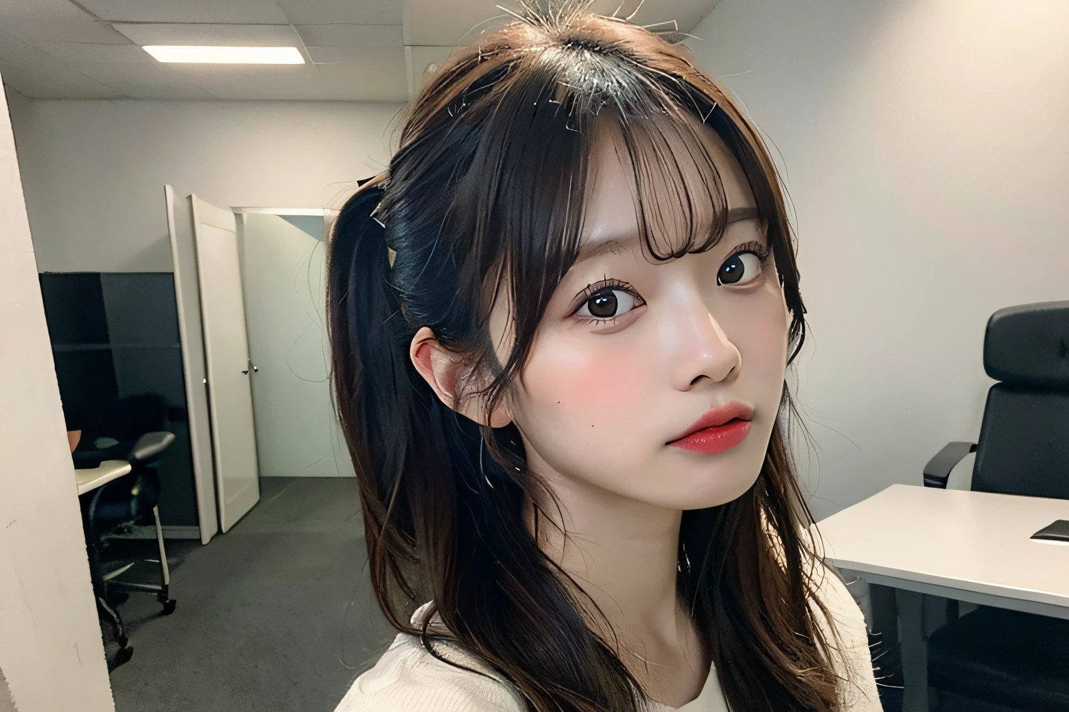 8K, Best Quality, Masterpiece, Ultra High Definition, (Photorealistic: 1.4), Raw Photography, Realistic Skin Texture, (Film Grain: 1.3), 1girl, Beautiful Detailed Eyes and Face, Masterpiece, Best Quality, Japan Idol, Fair Skin, Natural Blurred Background, Close Up, Selfie, Big, Front Photo, Ponytail Hairstyle, Tongue Out, Office Lady, Side Angle