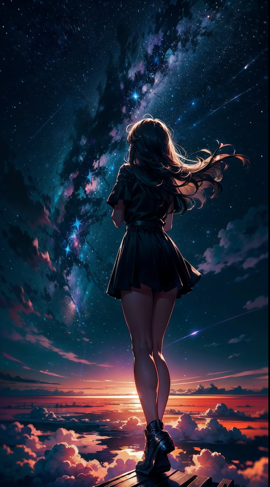 As the sun sets below the horizon, the world plunges into darkness, and above the clouds, a breathtaking panorama unfolds. The velvety night sky becomes a celestial tapestry, vibrant with the luminescent glow of countless stars. The Milky Way stretches across the heavens like a river of stardust, weaving its way through distant constellations.
BREAK
Above the billowing clouds, a lone cloud floats, providing a platform for a young girl to stand upon. Her figure, silhouetted against the cosmic backdrop, emanates a sense of quiet contemplation. Her delicate form is framed by cascades of flowing hair, gently stirred by the ethereal breeze that stirs the heavens.
BREAK
With her back turned towards the viewer, the girl gazes upward, her eyes filled with wonder and awe. Her outstretched arms hint at the possibility of her being enchanted by the celestial ballet unfolding before her. The stars twinkle and shimmer, casting a mesmerizing glow upon the clouds below.
BREAK
Above the girl, celestial phenomena illuminate the heavens. Meteor showers streak across the sky, leaving brilliant trails of light in their wake. Nebulas and galaxies, swirling in a symphony of colors, create a mesmerizing backdrop for her reverie. The aurora borealis dances with an ethereal beauty, its vibrant ribbons of light painting the night sky with a kaleidoscope of celestial hues.
BREAK
In this captivating scene, the girl on the cloud becomes a conduit between the terrestrial and the celestial.