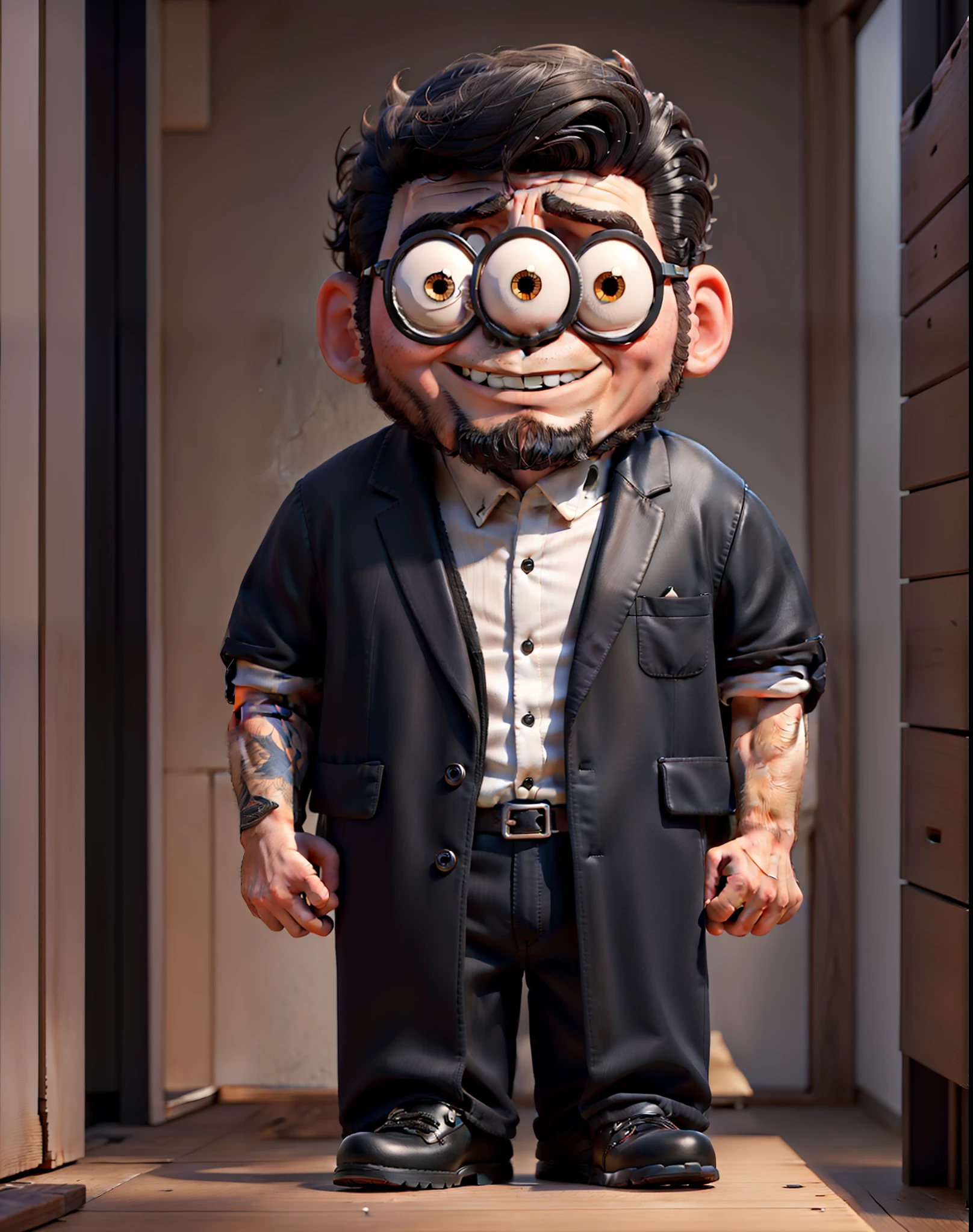 Box toy style,of a guy,Three eyes,There is a beard on the chin,Comb your back,black color hair,Full body black suit,Black leather shoes