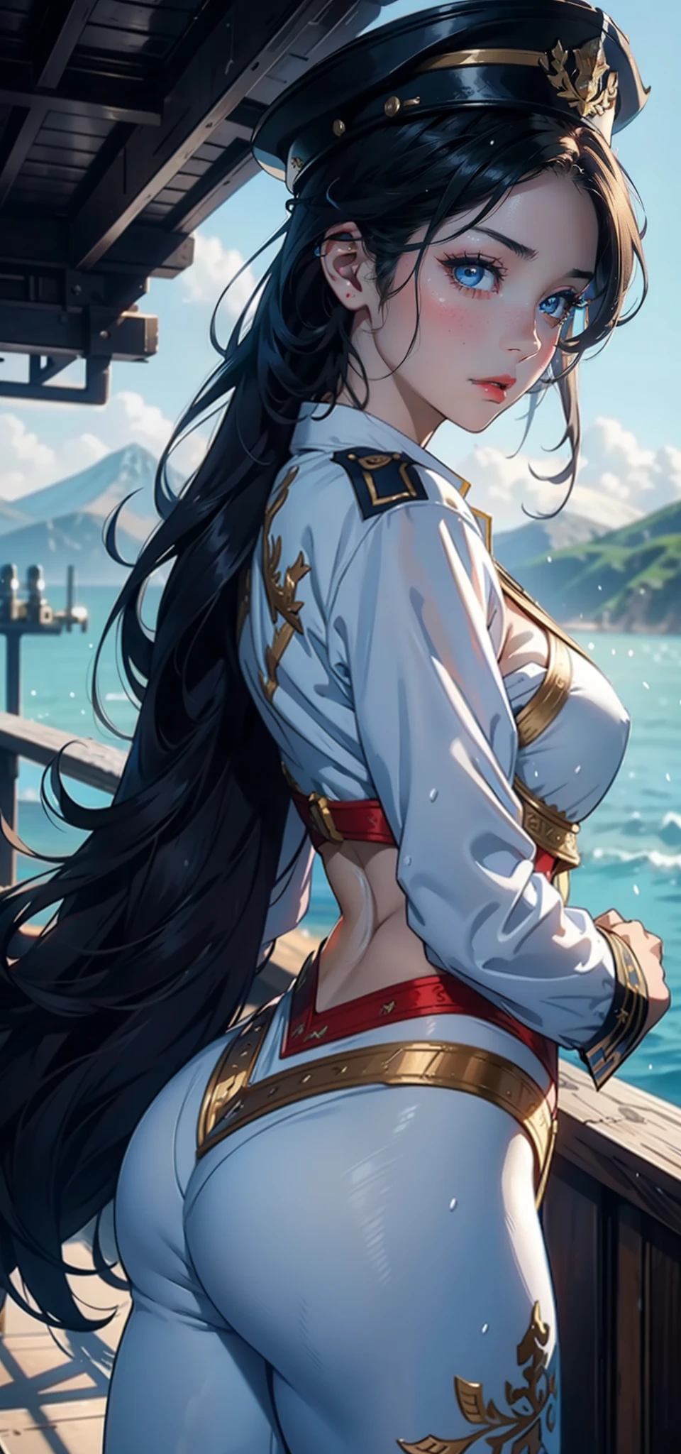 1womanl,3 years old,bit girl,Small loli,smallunderboob,Big breasts Thin waist,long leges,Raised sexy,Pornographic exposure, 独奏,Beauty contests,standing on your feet(Background with:the sea,snow mountains,warships,at winter season,Blizzarding,Big snowflakes)On warships, with his long black hair,Long hair flutters in the wind,dynamicposes,Sweat profusely,drenched all over the body,seen from the front, hair straight, mostly cloudy sky,(((tmasterpiece),(Very detailed CG unity 8K wallpaper),best qualtiy,cinmatic lighting,detailed back ground,beatiful detailed eyes,Bright pupils,(Very fine and beautiful),(Beautiful and detailed eye description),Blue eyes,Redlip,ultra - detailed,tmasterpiece,)),facing at camera,(The upper part of the body),A high resolution,ultra - detailed),revealing breasts,Bare genitalia, Bulge,legs are open,sexyposture,Camel toes,Flushed complexion,Open-mouthed,frontage,American officers,Officer's cap,elementary student(Wearing:White cloak,down jacket,White winter officer uniform,Sexy leggings,Armour,Gold wire embroidery,Snowflake decoration)