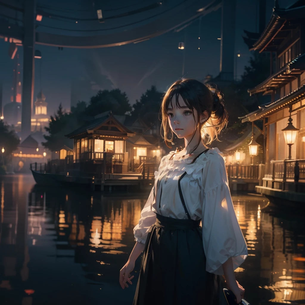 The little girl put the river lantern on the river，Many sky lanterns are lit on the water, Floating lights, cinematic light and reflections, Glowing lights! Intermediate metaverse elements，Digital painting, glowing reflections, Pondering. By Makoto Shinkai, Floating lanterns, calm evening. Digital illustration, beautiful ambiance, Sky lights at night, serene evening atmosphere, Beautiful digital artwork, low details. Digital painting, beautiful ambiance