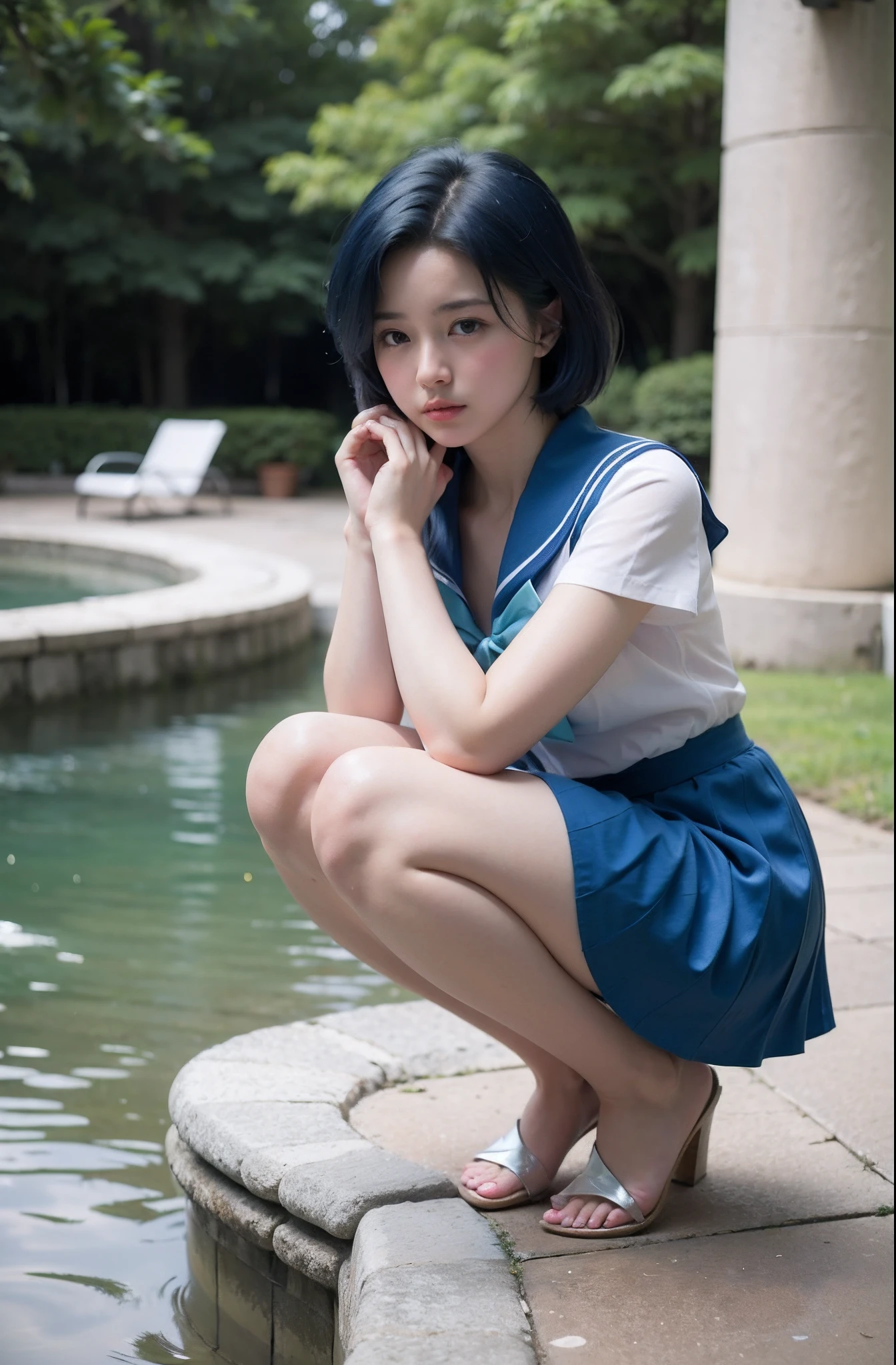 (masutepiece), (Best Quality), 8K resolution, top-quality、 超A high resolution、Beautiful face in every detail、realisitic、Photorealsitic、Realistic human skin、Gentle expression、, Cute little girl, stunning beauty, A sexy, Sailor Mercury, Ami Mizuno, Blue hair, Blue skirt, Blue collar, Sailor Mercury Costume, Cool pose, Yushui, Eau, Wave, using dark magic, Water balls, water magic、Move the center of gravity back、Put your hands forward from your feet、Put your feet in a ring of hands、pretty embarrassing、witheout panties、Thin leg、tight skirts、90 degree knees、heels on the ground、hands in front of feet、hug your feet、Knelt、Raw photography、front-facing view、angle from bellow、shorth hair、a short skirt、crouching down、Surreal Junior High School Girl、