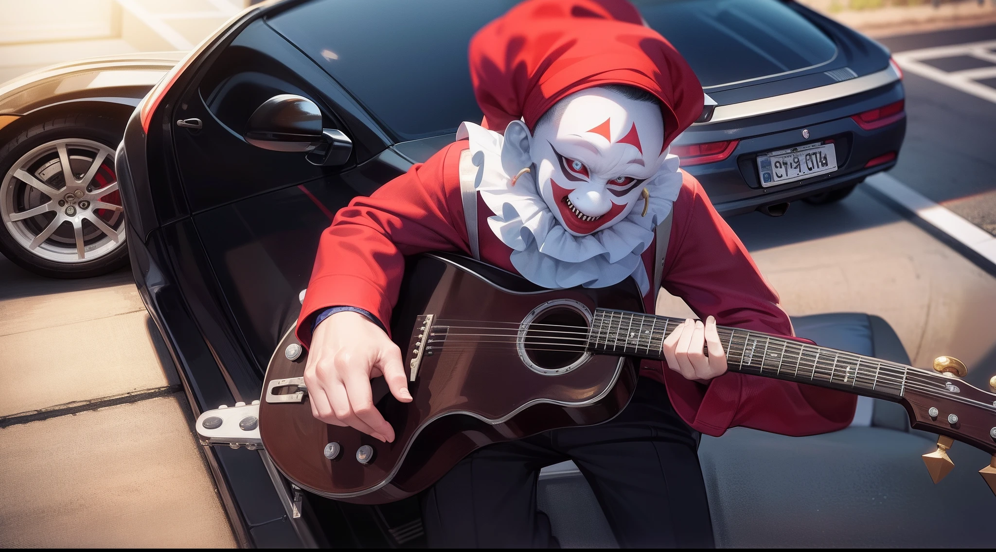 creepy clown, musician, with his car