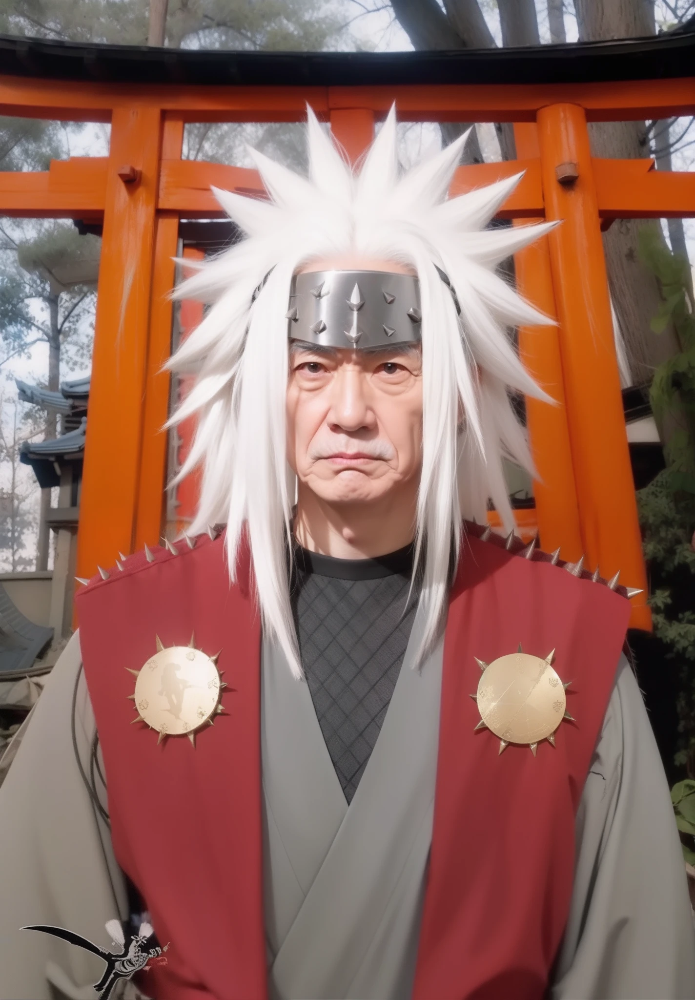 Real life adaption of this character,(realistic long spiky hair),(iron headband),realistic outfit,old Japanese man face ,realistic light,realistic shadow,realism,(photorealistic:1.2),realistic background