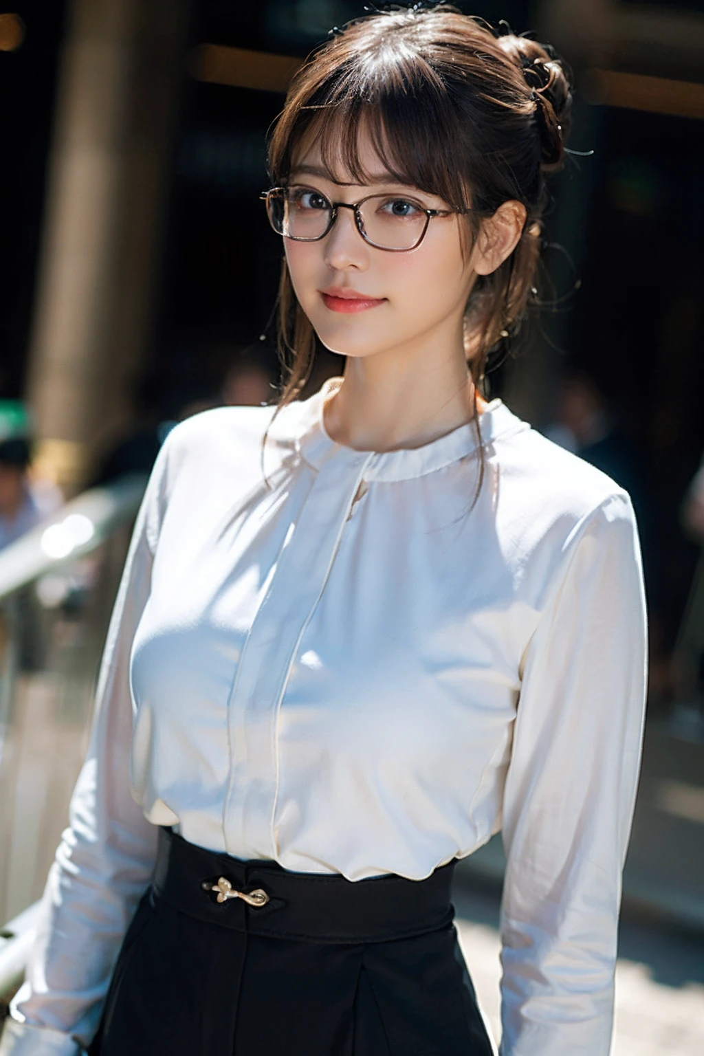 (8K、Raw photography、top-quality、masterpiece:1.2)、(realisitic、Photorealsitic:1.37)、ultra-detailliert、超A high resolution、1人、see the beholder、beautifull detailed face、A smile、Constriction、(Slim waist) :1.3)、((White blouse clothes))、Beautiful detailed skin、Skin Texture、Floating hair、((Hair bunched into one))、large full breasts、Professional Lighting、In front of the station at noon、((Black square glasses))、Whole human body、Brown hair