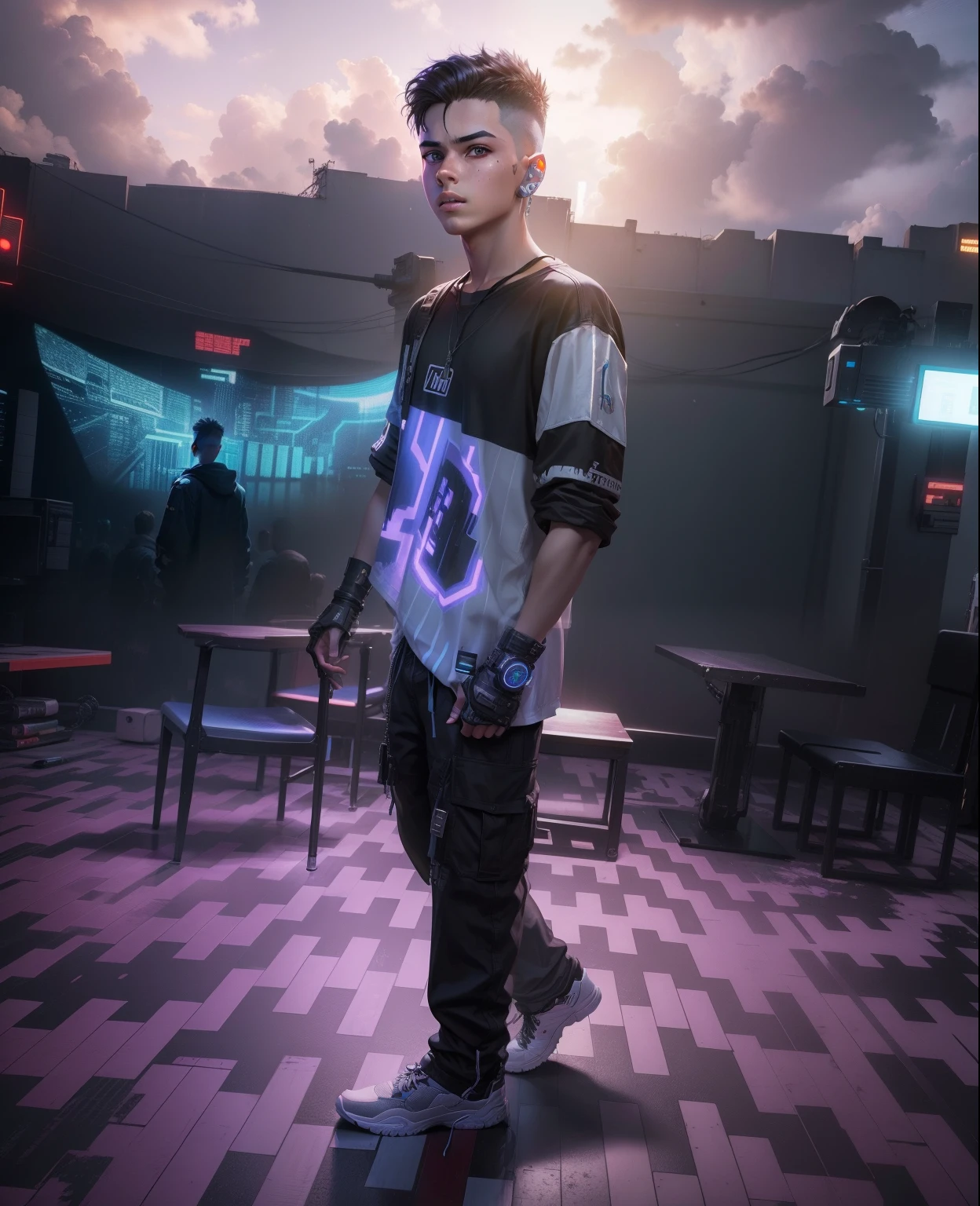 Change background cyberpunk age boy , realistic face,8k,ultra realistic