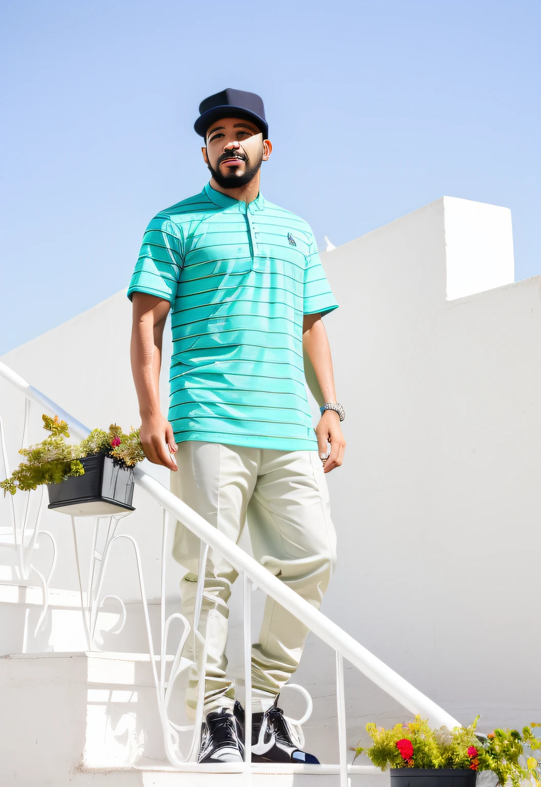 arafed man standing on a set of stairs with a hat on, full body photogenic shot, standing on rooftop, full body picture, full body portrait shot, taken with canon 8 0 d, !! low contrast!!, drake the rapper wearing a kurta, full length portait, taken with canon eos 5 d, taken with a canon eos 5d