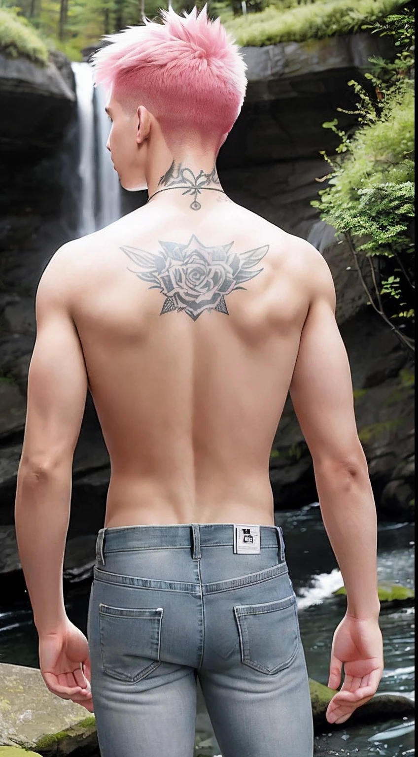 A -yeld boith pink hair, Bare upper body, The back is full of tattoos, Wear gray skinny jeans, In the waterfall scenic area, Back view