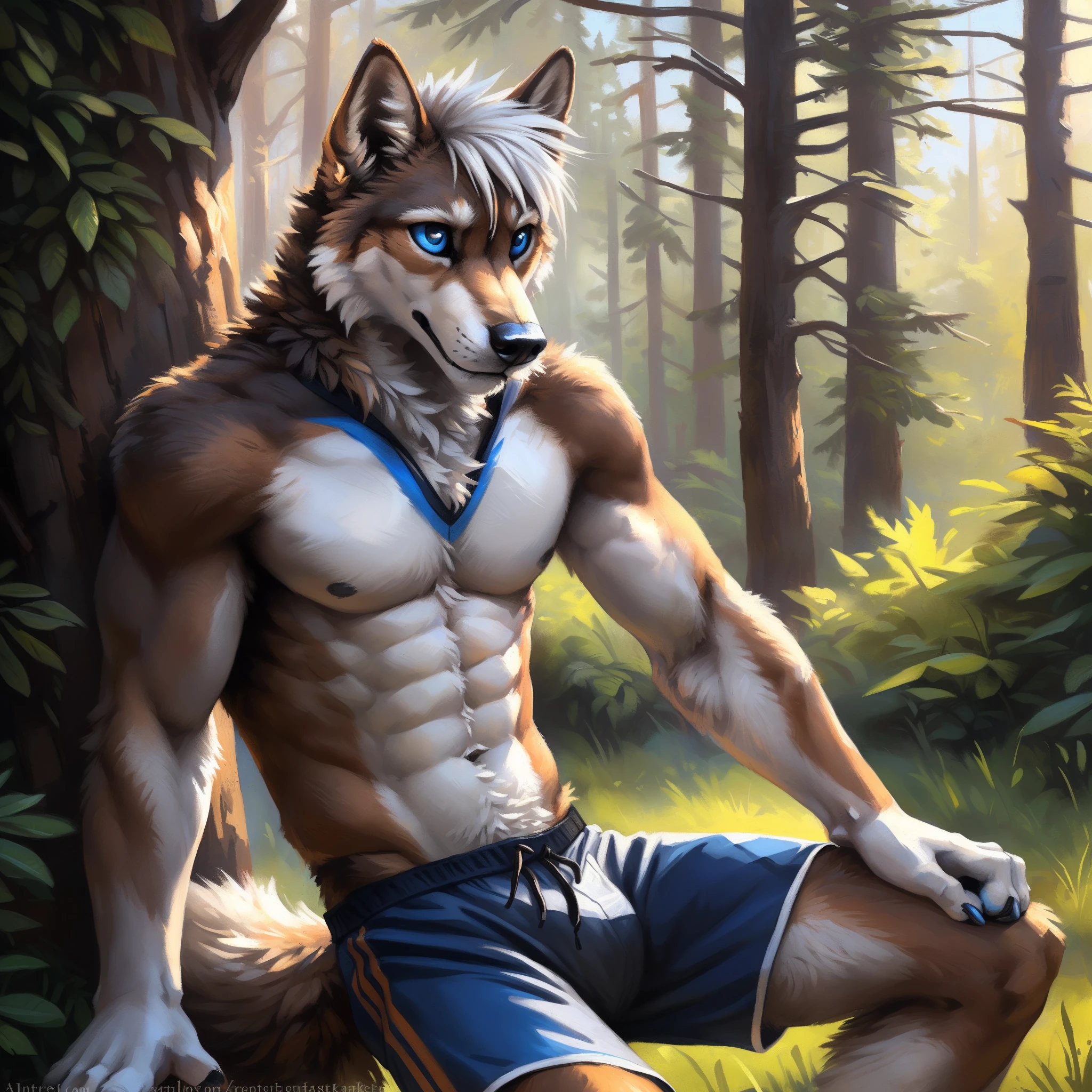 ((Solo)), male people, anthro wolf, (Multi-colored fur, Black-white-grey-brown:1.3), ((Dog face, White hair, Big eyes, White eyelids, Blue pupil, Slim:1.2) (Tough, Calm expression:1.2)), ((sport:1.1)), Muscular,Abs, Slim, pinging)), (Correct anatomy), (Work shorts:1.1), (Contour bone:1.2), Naked torso, (detailed outfits),large tail,Feet,(Realistic fur, Detailed fur texture, labeled:1.3)), (Natural lighting), Photorealistic, Hyperrealistic, ultradetailed, by Kenket