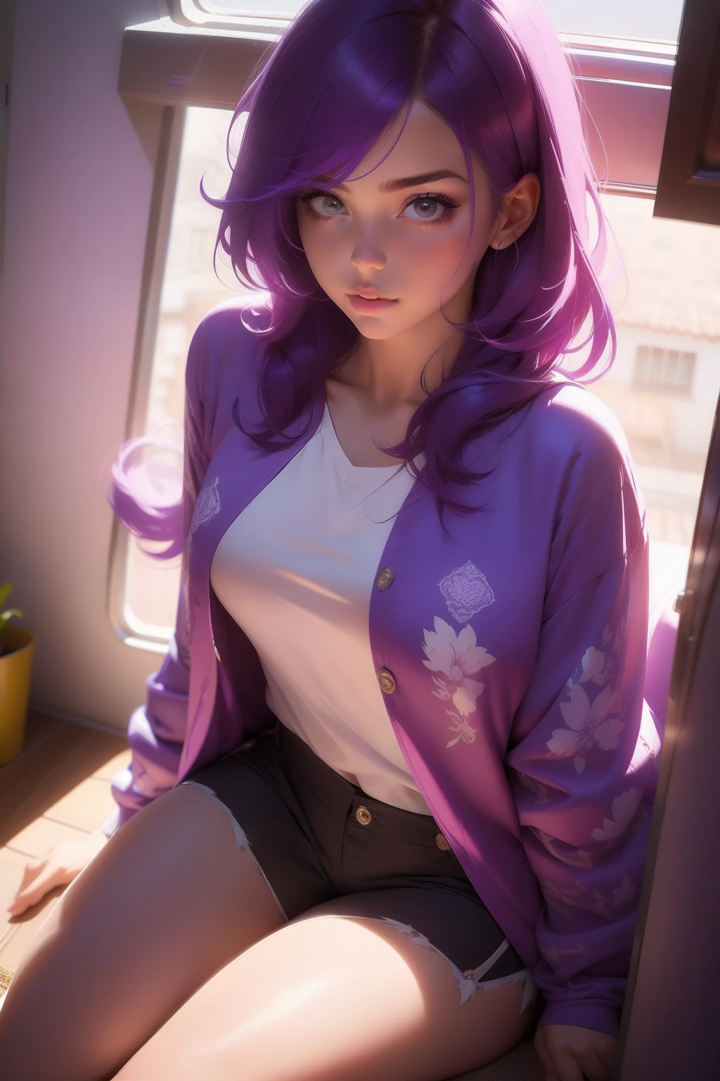 Create a breathtaking 8K resolution portrait of an 18-year-old stern anime girl with piercing blue eyes and long, pink and black mixed hair. She should exude an aura of desolation and loneliness while sitting on a weathered park bench beneath a weeping willow tree. The character's face should be the focal point, with cinematic lighting emphasizing her features. Pay meticulous attention to ultra-detailed eyes, face, lips, red lipstick, and makeup to capture her sadness and stern expression. Additionally, ensure the character has a beautiful body with ample breasts. She should be wearing a transparent long rainbow-colored jacket that adds a unique touch to the composition. The final result should be a stunning 4K portrait masterpiece, showcasing the character's emotional depth and unique appearance.