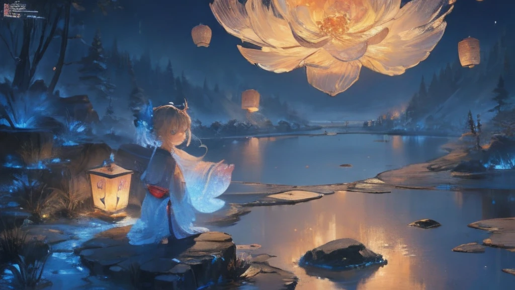 (((A cute girl)))、Countless wind lanterns flutter in the sky、closing her eyes、Wish、komono、the river is full of lights,Lamp in hand, Glowing light, reflective light, conceptual art、romanticism lain, anime big breast, Ukiyo-e, Anime style, Cinematic lighting, color difference, Sparkle, Glowing light, reflective light, Atmospheric perspective, hyper HD, Masterpiece, Super detail, High details, High quality, Award-Awarded, Best quality, A high resolution