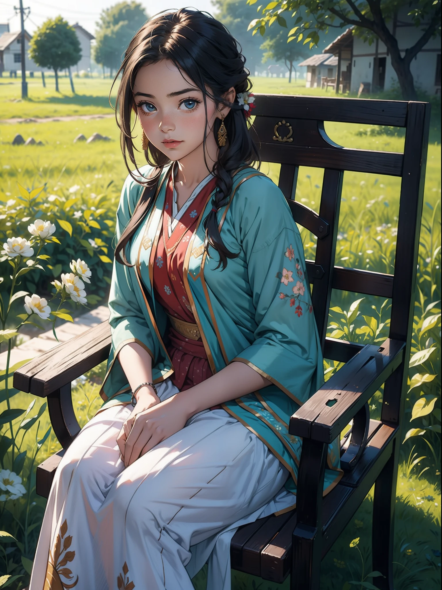 a village girl, sitting and relaxing on chair in field, traditional dress from pakistan